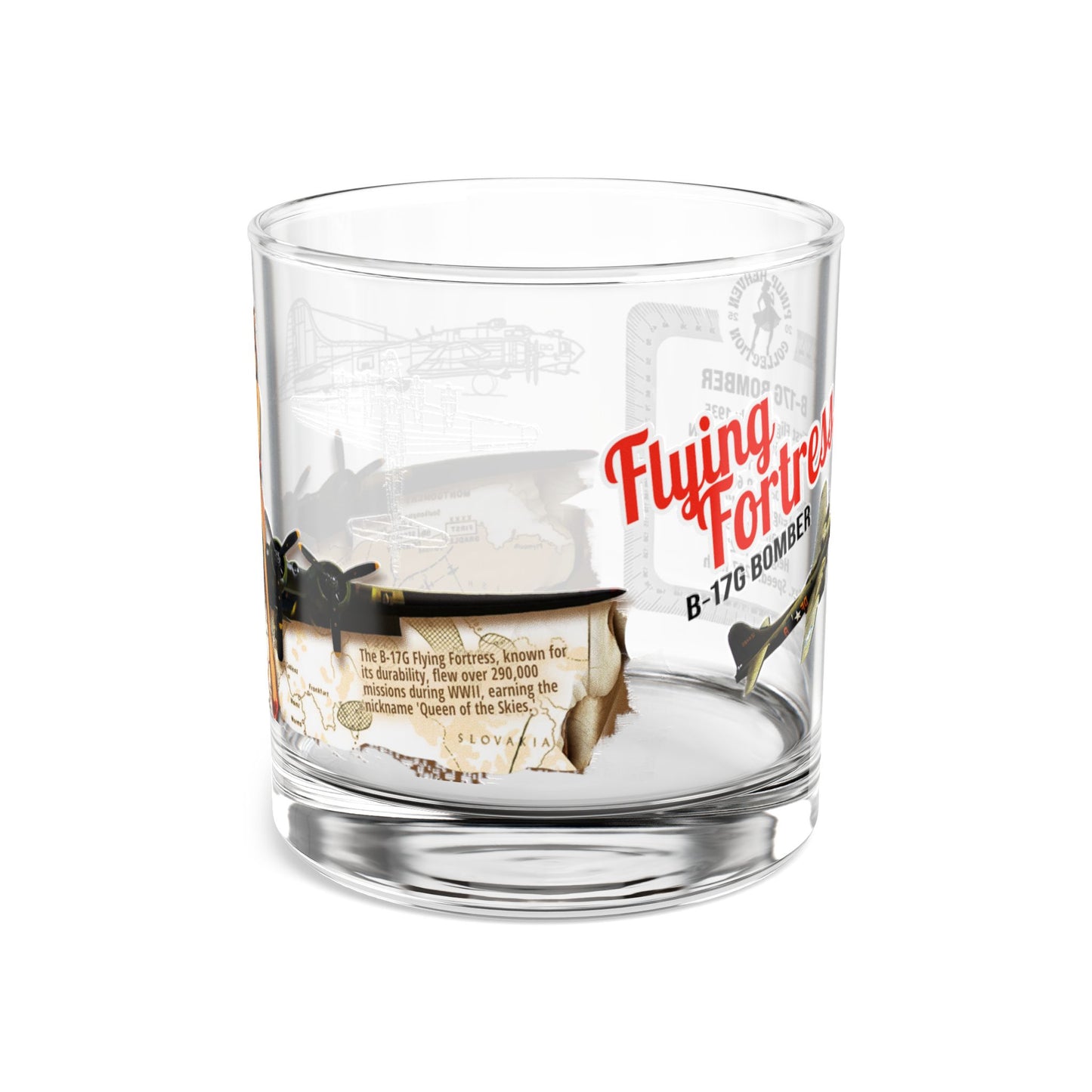Whiskey Glass, Vintage WWII B-17 Bomber Aviation Gift, Bourbon Old Fashion, Man Cave, Military Veteran Pilot Retirement Gift for Him 10oz