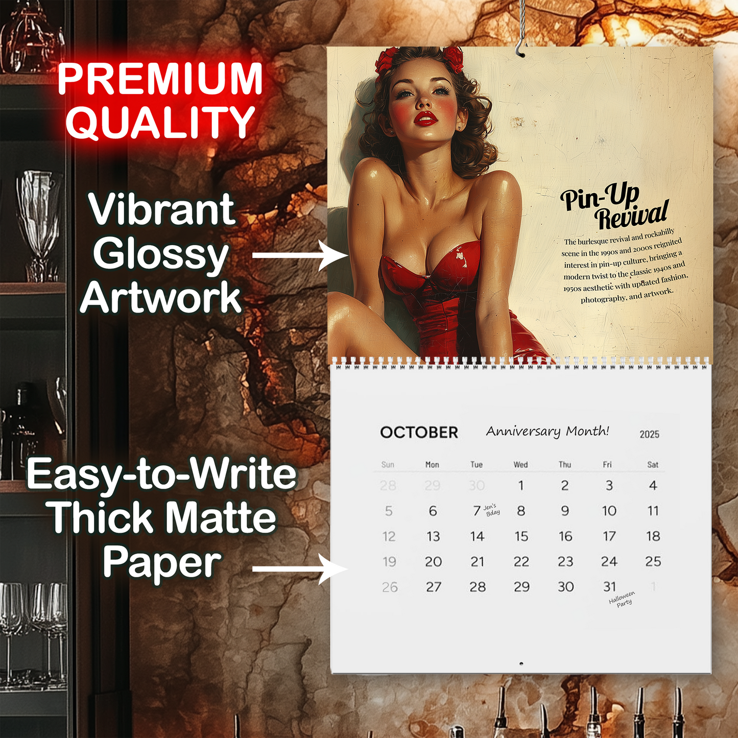 2025 PinUps Wall Calendar, Premium 14 x 11.5" Retro Pin-Up Girls Art History, Limited Edition Vintage Military Man Cave Decor, Vintage Gift