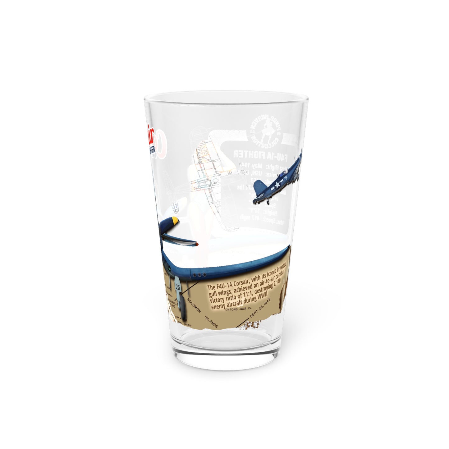 Vintage Military Pint, WWII F4U-1A Corsair Fighter Plane PinUp Art Gift for Collectors, Pilot, Fathers Day , Aviation Decor, 16oz Beer Glass