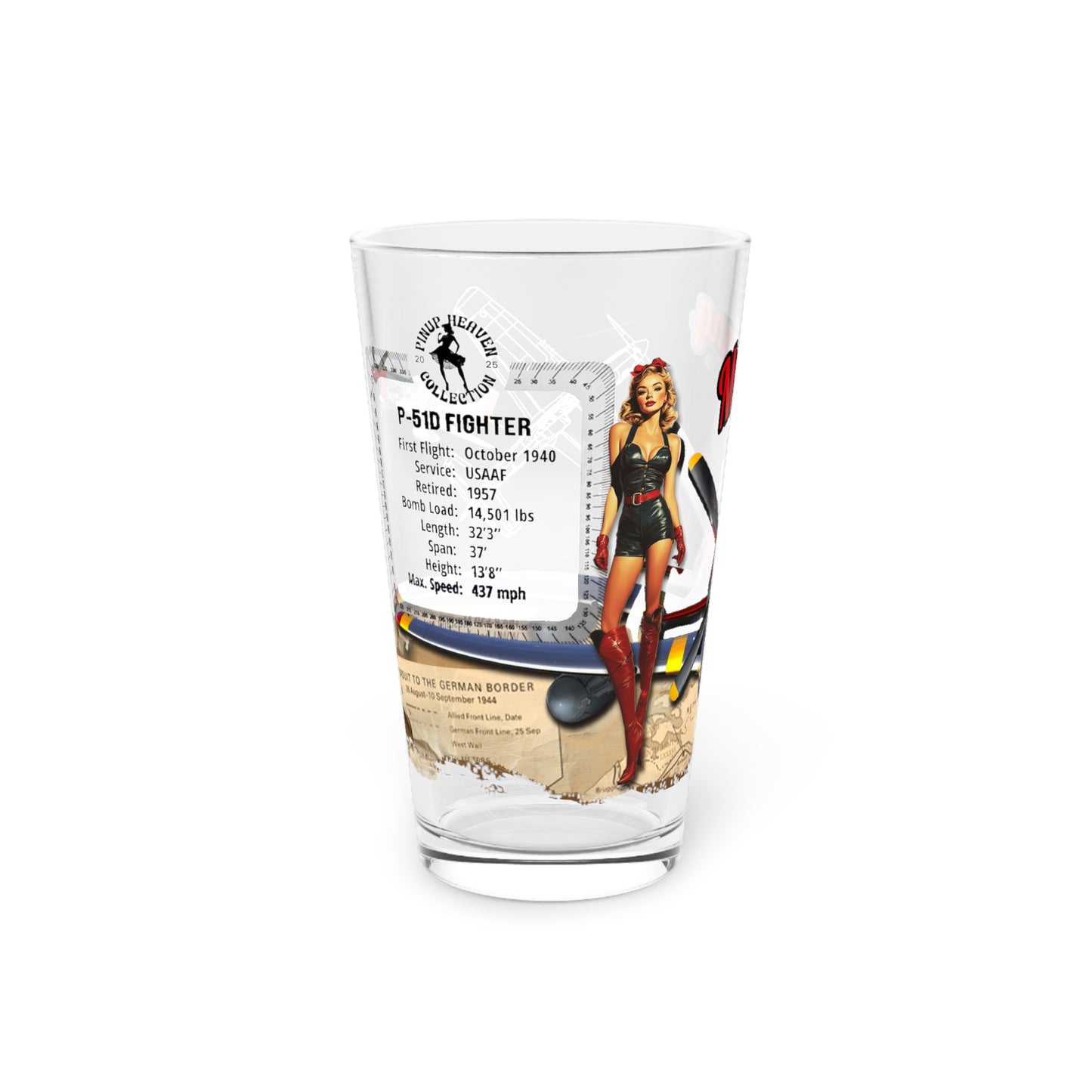 Vintage Military Pint, WWII P-51D Mustang Fighter Plane & PinUp Art Gift for Collectors, Pilot, Fathers Day, Aviation Decor, 16oz Beer Glass