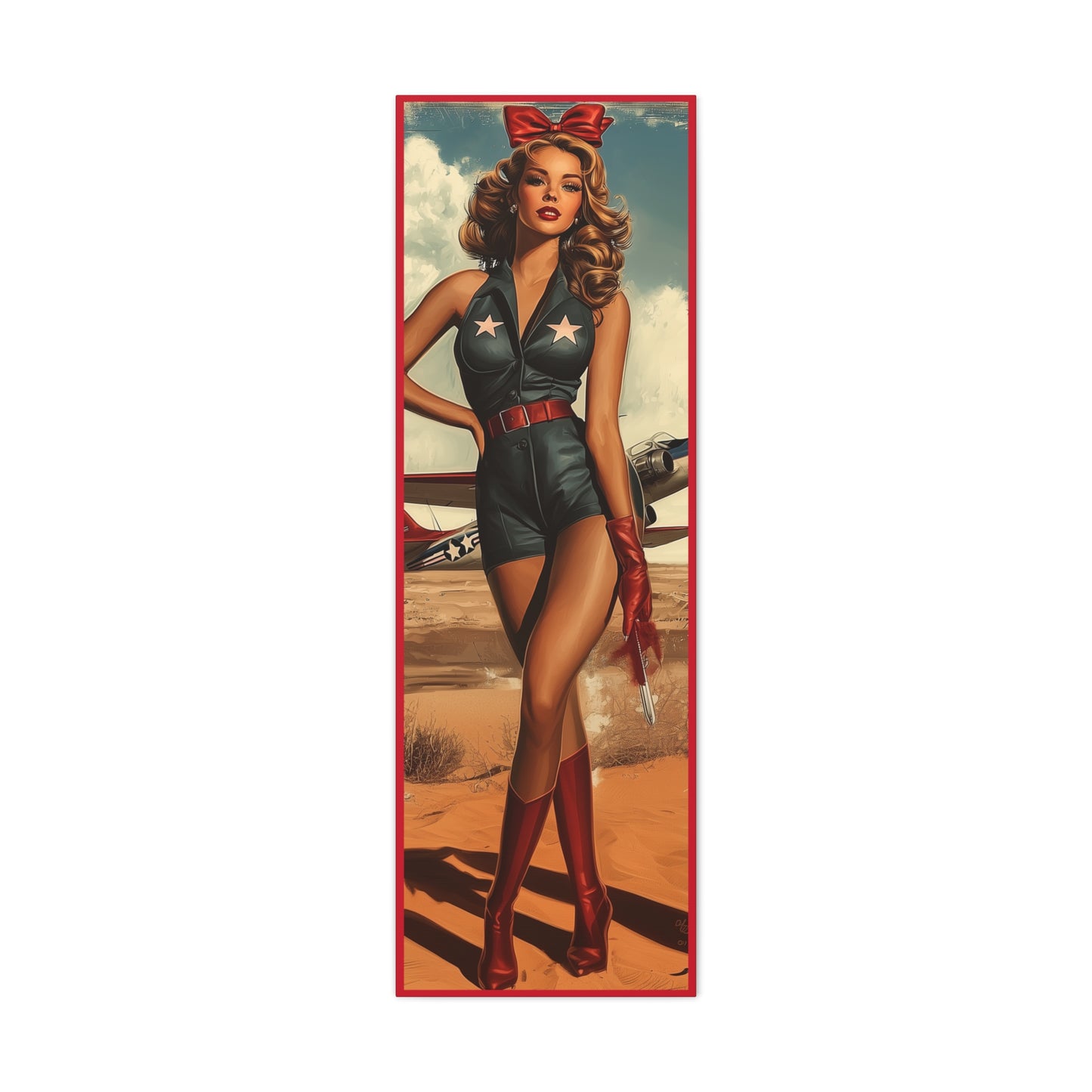 Vintage Patriotic Pin-Up Canvas Art "Red Tails Tribute": Retro WWII Military Aviation Wall Decor, Veteran Gifts, USA Decor, Pilot Gifts
