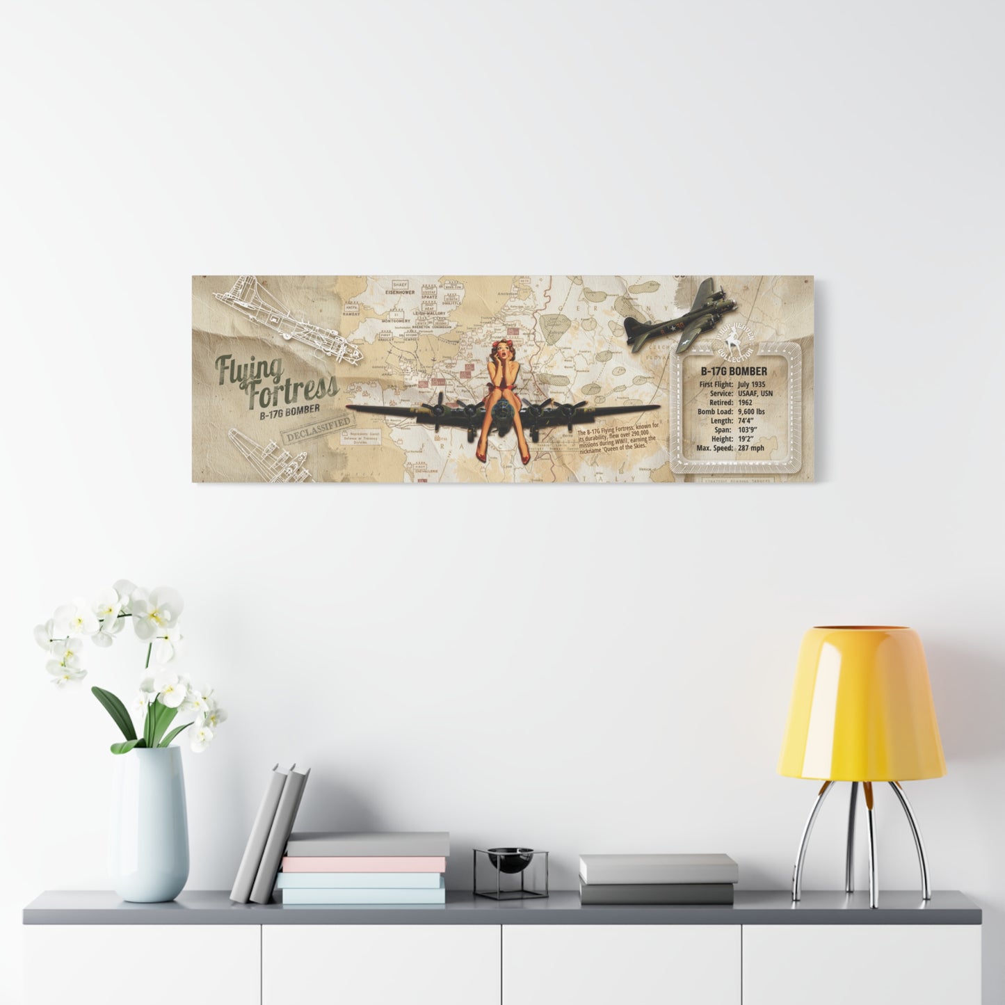 Vntage Aviation Wall Decor, Retro WWII Pin-Up Canvas Art "B-29 Superfortress" Patriotic Poster, USA Decor, Veteran Pilot Gifts