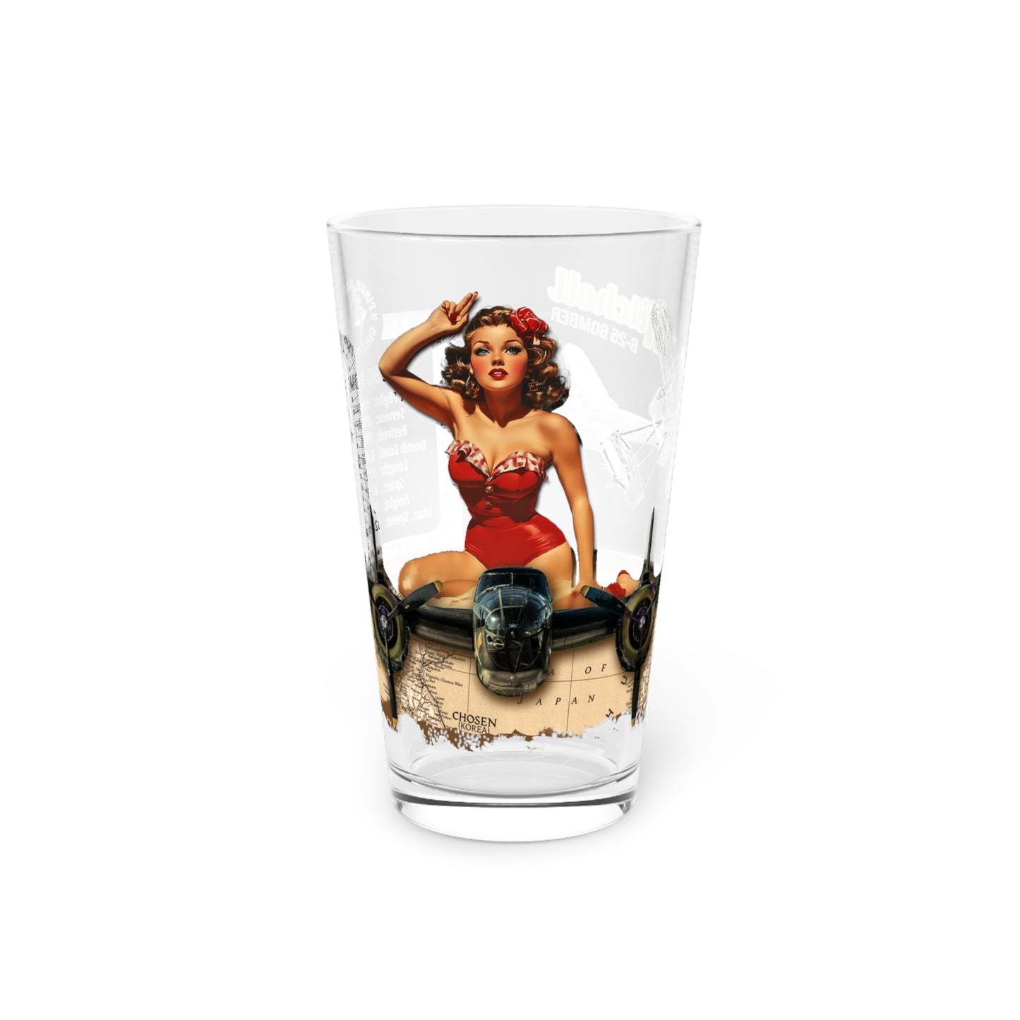 Vintage Military Pint, WWII B-25B Mitchell Bomber Plane & PinUp Art Gift for Collectors, Pilot, Fathers Day, Aviation Decor, 16oz Beer Glass