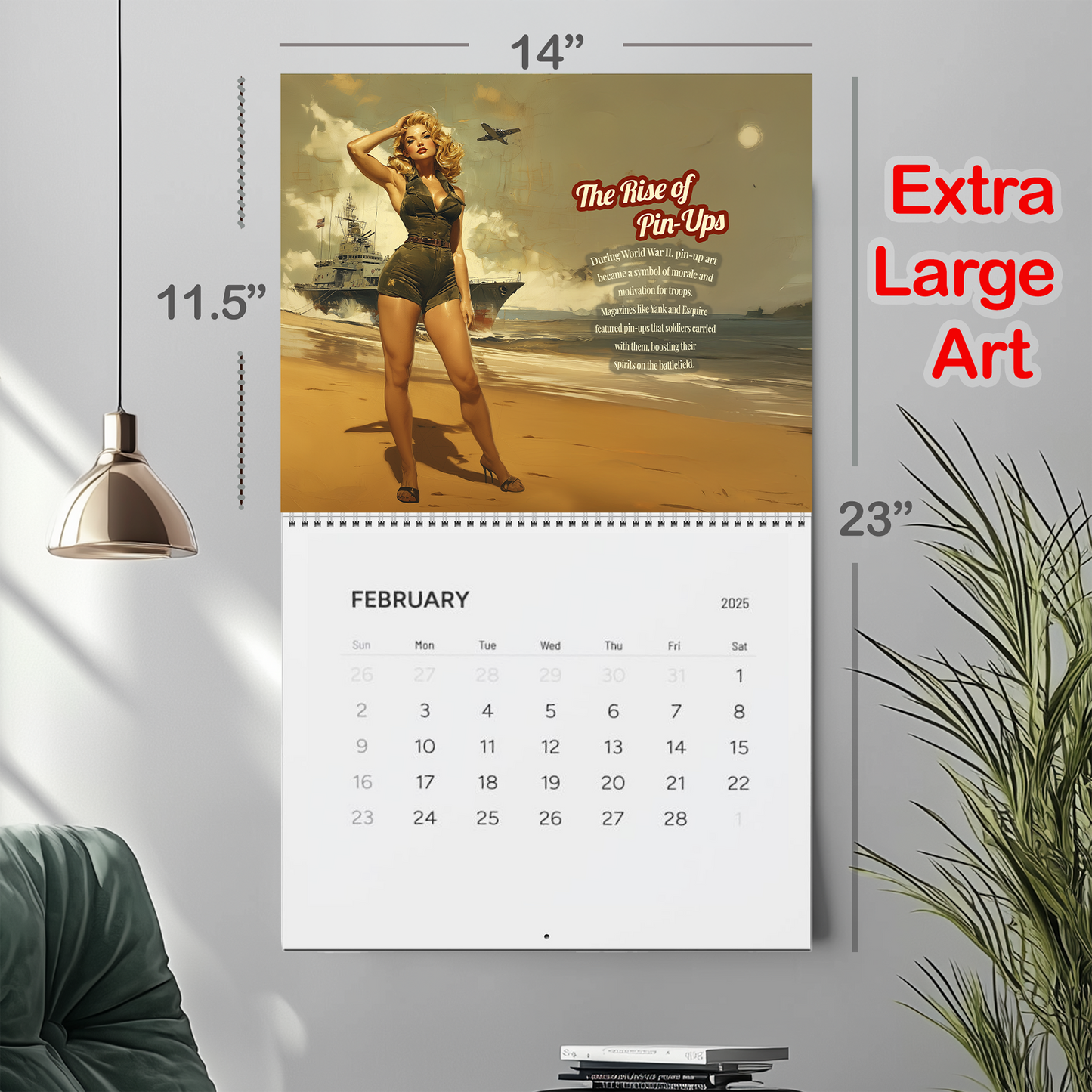 2025 PinUps Wall Calendar, Premium 14 x 11.5" Retro Pin-Up Girls Art History, Limited Edition Vintage Military Man Cave Decor, Vintage Gift