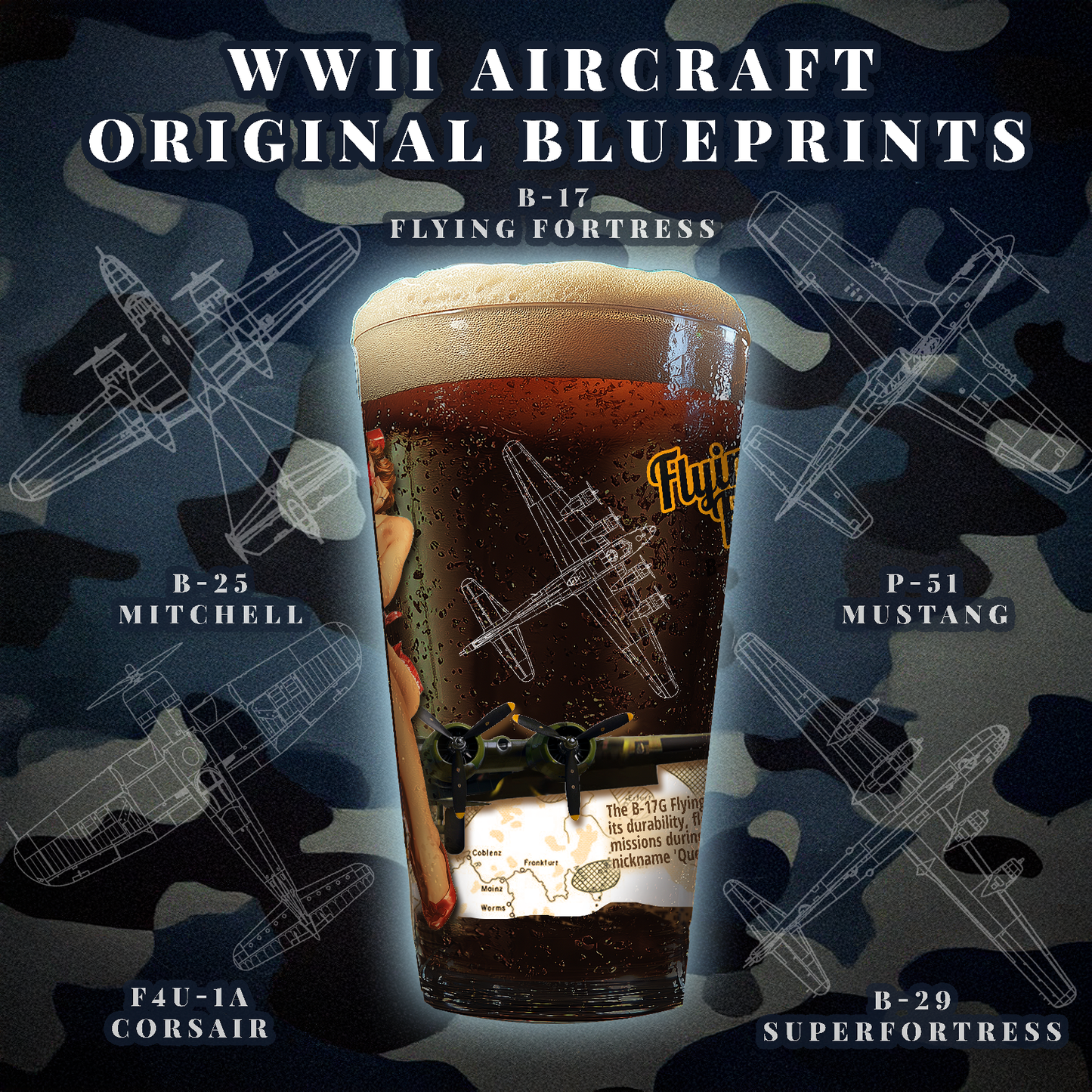 Vintage Military Pint, WWII B17 Flying Fortress Bomber Plane & PinUp Art Barware Pilot Collectors Gift, Aviation Decor, 16oz Beer Glass
