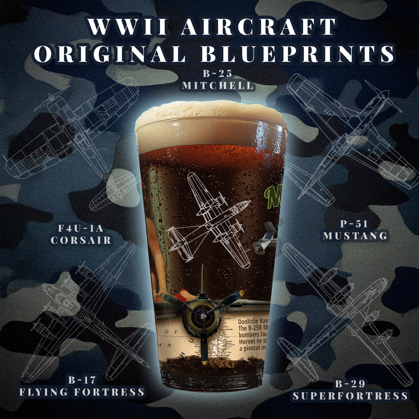 Vintage Military Pint, WWII B-25B Mitchell Bomber Plane & PinUp Art Gift for Collectors, Pilot, Fathers Day, Aviation Decor, 16oz Beer Glass