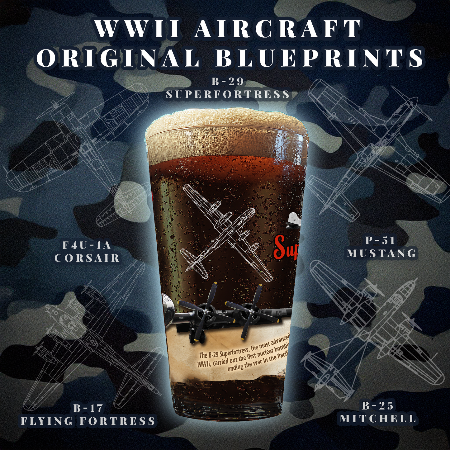 Vintage Military Pint, WWII B-29 Superfortress Bomber Plane & PinUp Art Gift for Collectors, Fathers Day, Aviation Decor, 16oz Beer Glass