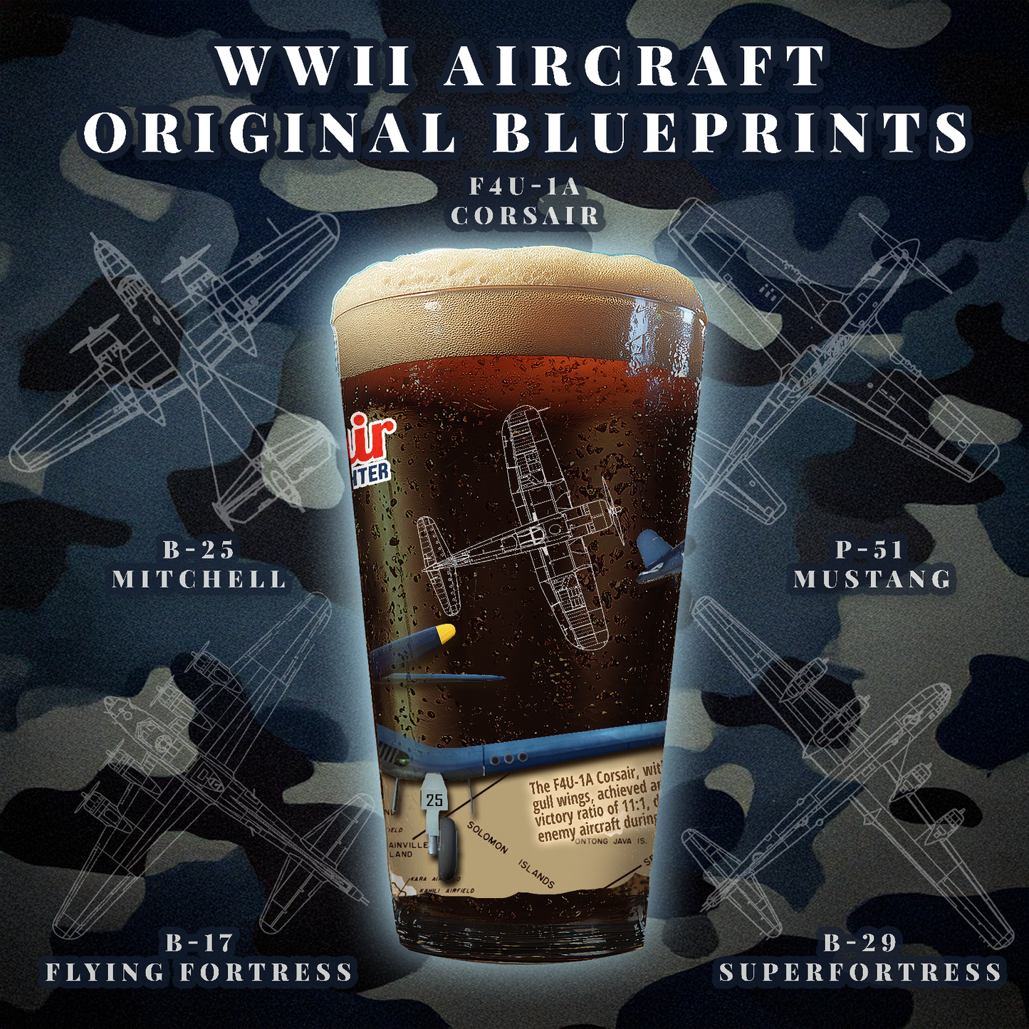 Vintage Military Pint, WWII F4U-1A Corsair Fighter Plane PinUp Art Gift for Collectors, Pilot, Fathers Day , Aviation Decor, 16oz Beer Glass