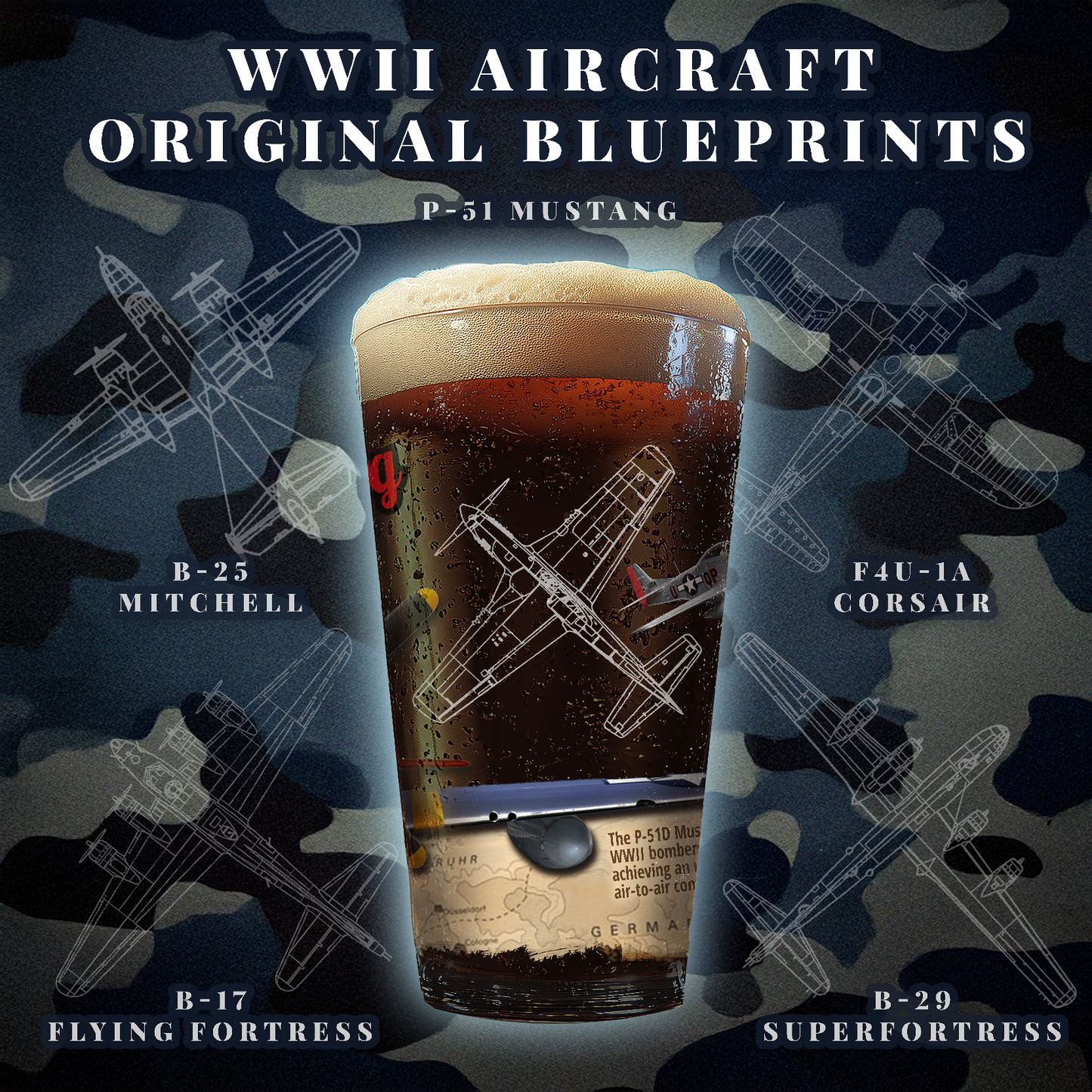 Pint Glasses Set of 5 Retro Beer Bar Glasses, WWII Vintage Aviation Plane Man Cave Decor, Airforce Pilot Army Navy Retirement Gifts for Men