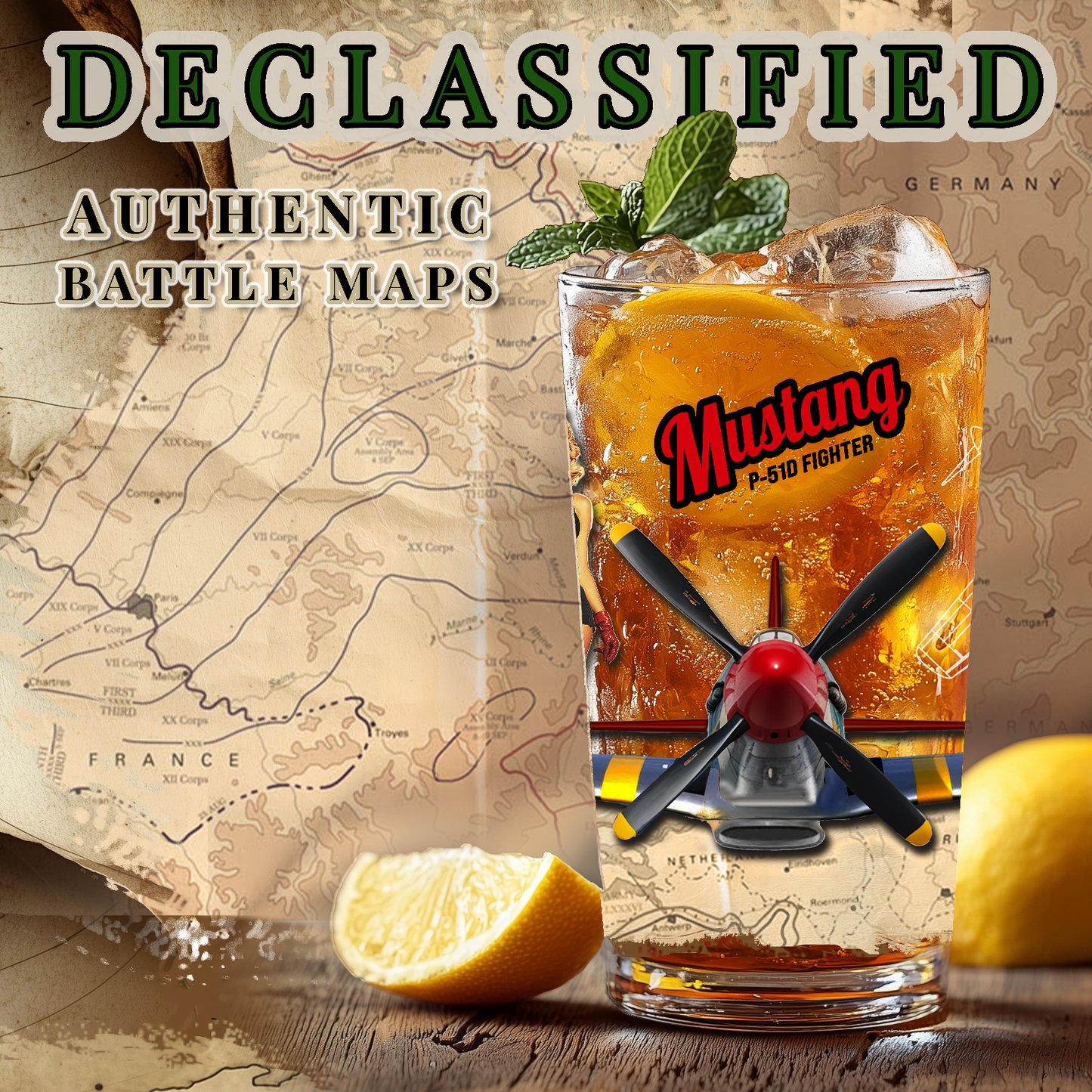 Vintage Military Pint, WWII P-51D Mustang Fighter Plane & PinUp Art Gift for Collectors, Pilot, Fathers Day, Aviation Decor, 16oz Beer Glass
