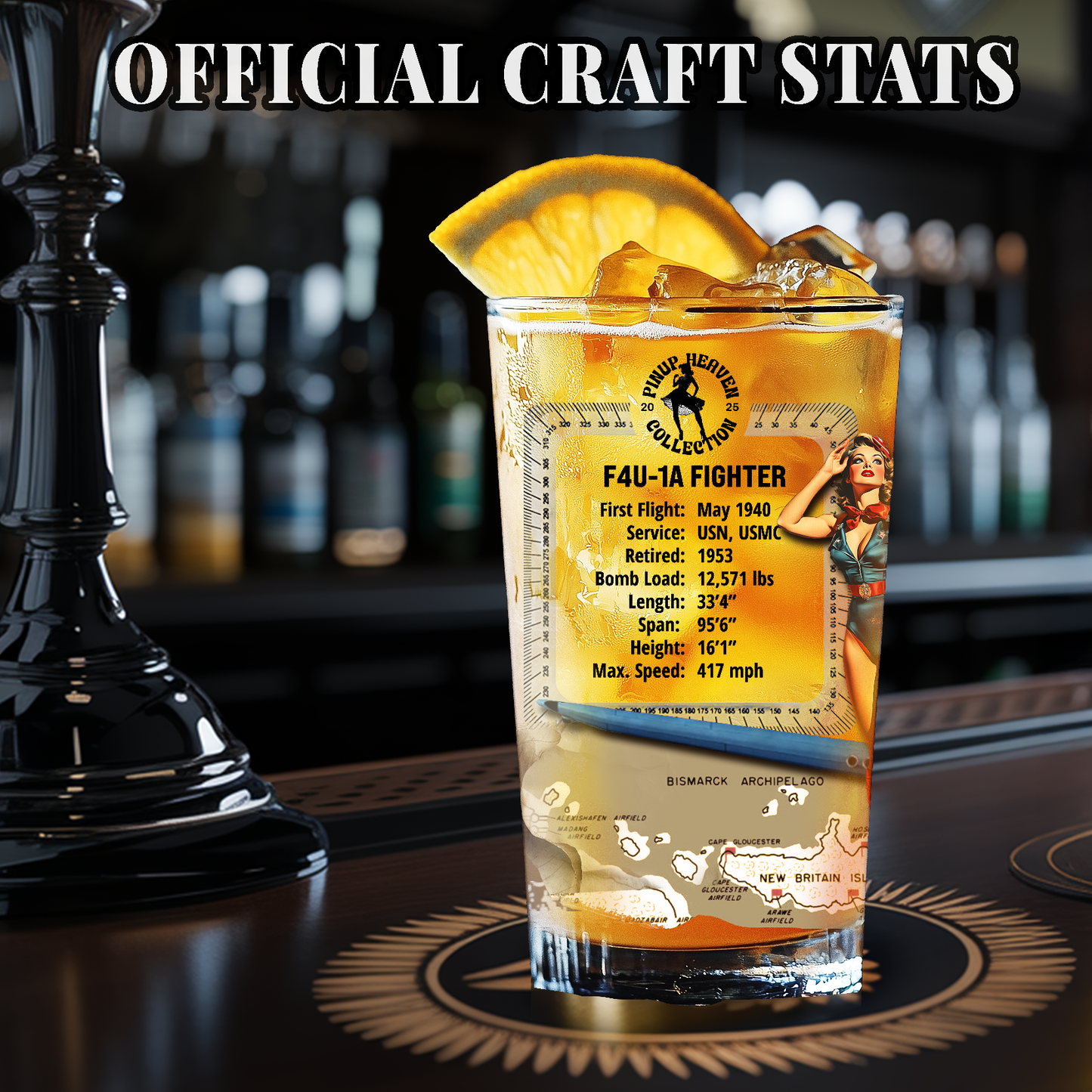 Vintage Military Pint, WWII F4U-1A Corsair Fighter Plane PinUp Art Gift for Collectors, Pilot, Fathers Day , Aviation Decor, 16oz Beer Glass