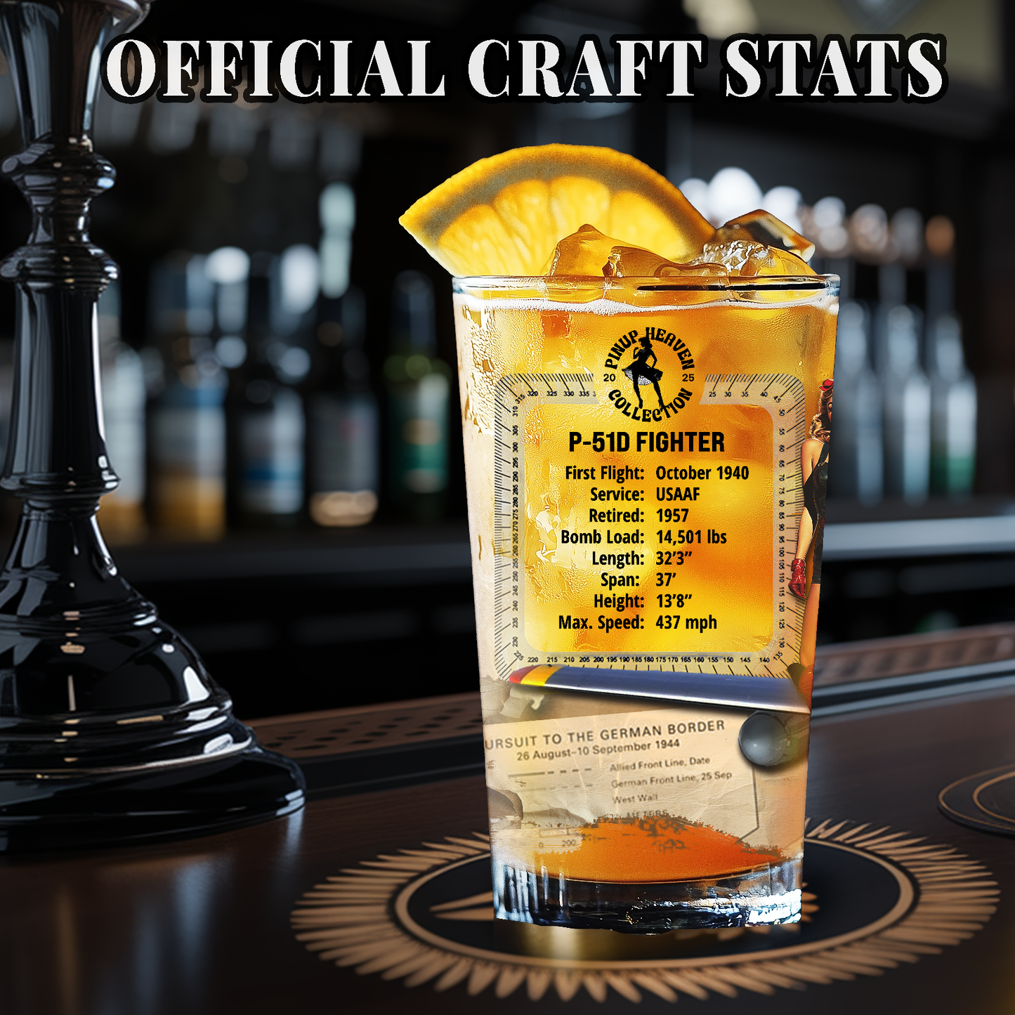 Vintage Military Pint, WWII P-51D Mustang Fighter Plane & PinUp Art Gift for Collectors, Pilot, Fathers Day, Aviation Decor, 16oz Beer Glass