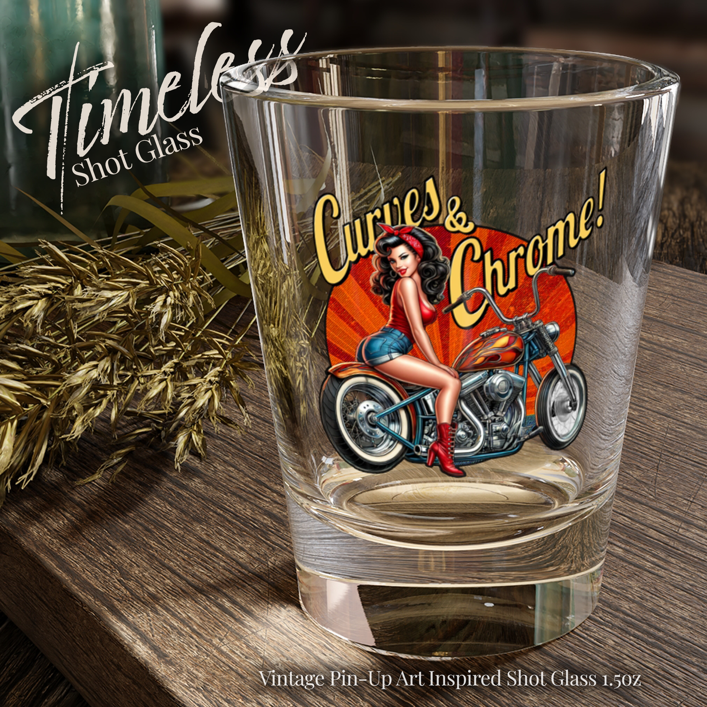Biker Shot Glass, Retro Barware, Gifts for Riders, Vintage Biker PinUp Girl Art, Motorcycle Lovers, Bachelor Party Favors, Fathers Day Gift