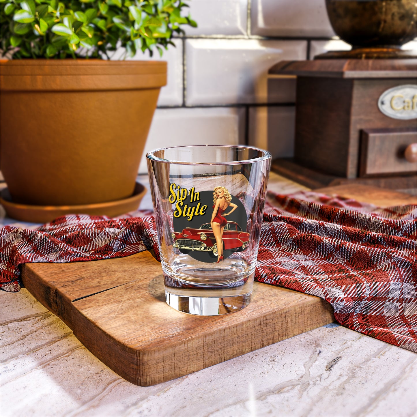 Classic Car Shot Glass, Retro Barware, Gift for Vintage Collector, Vintage PinUp Girl Art, Classic Car Lovers, Bachelor Party Gift, Fathers Day Gift