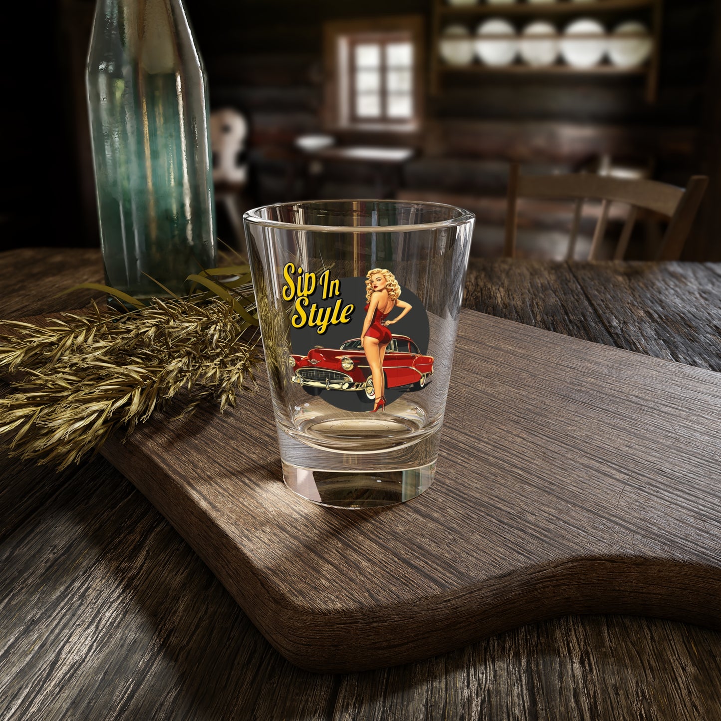 Classic Car Shot Glass, Retro Barware, Gift for Vintage Collector, Vintage PinUp Girl Art, Classic Car Lovers, Bachelor Party Gift, Fathers Day Gift
