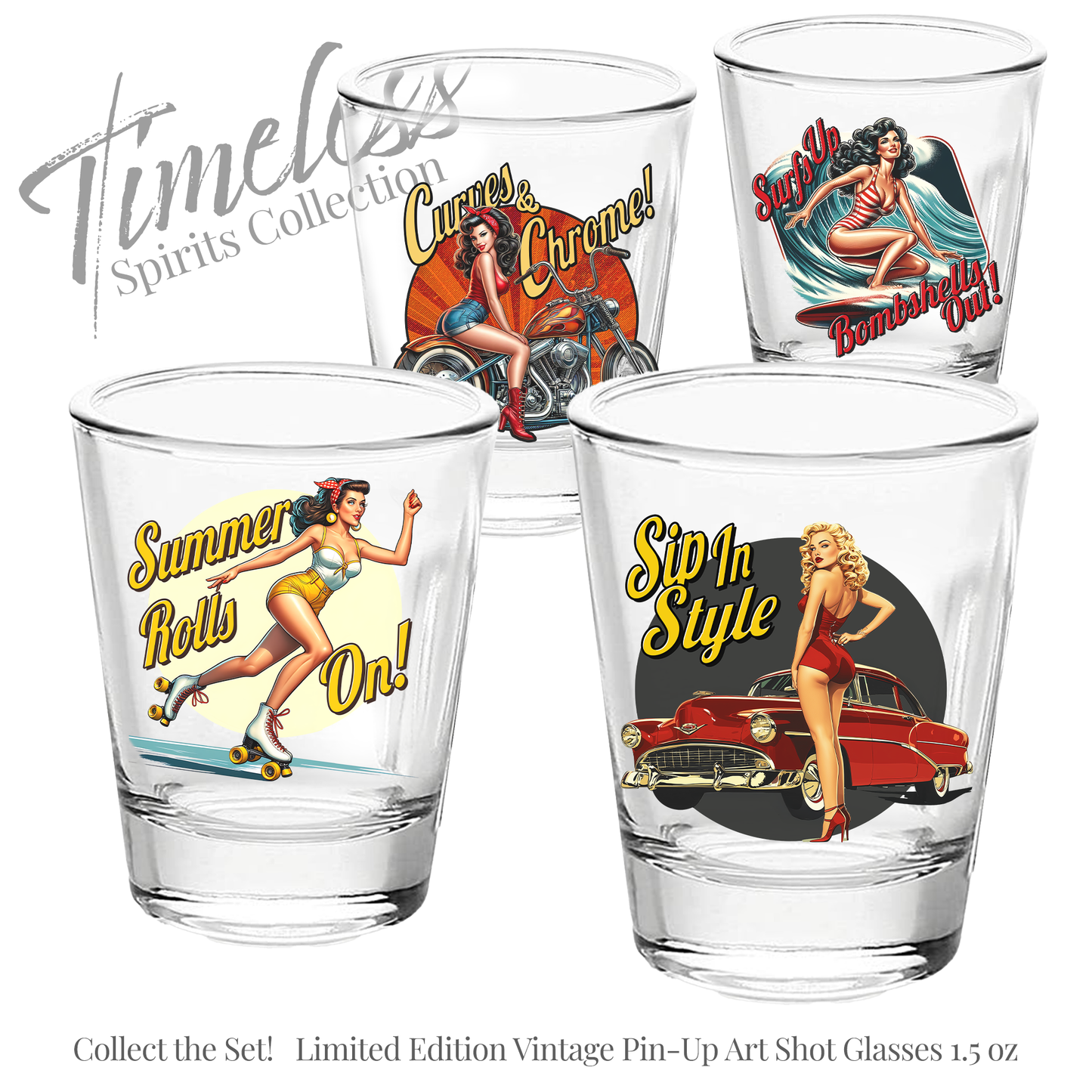 Pin-Up Shot Glass Set, Vintage PinUp Girl Art, Retro Barware, Gift for Vintage Collector, Classic Car Lovers, Bachelor Party Gift, Fathers Day Gift
