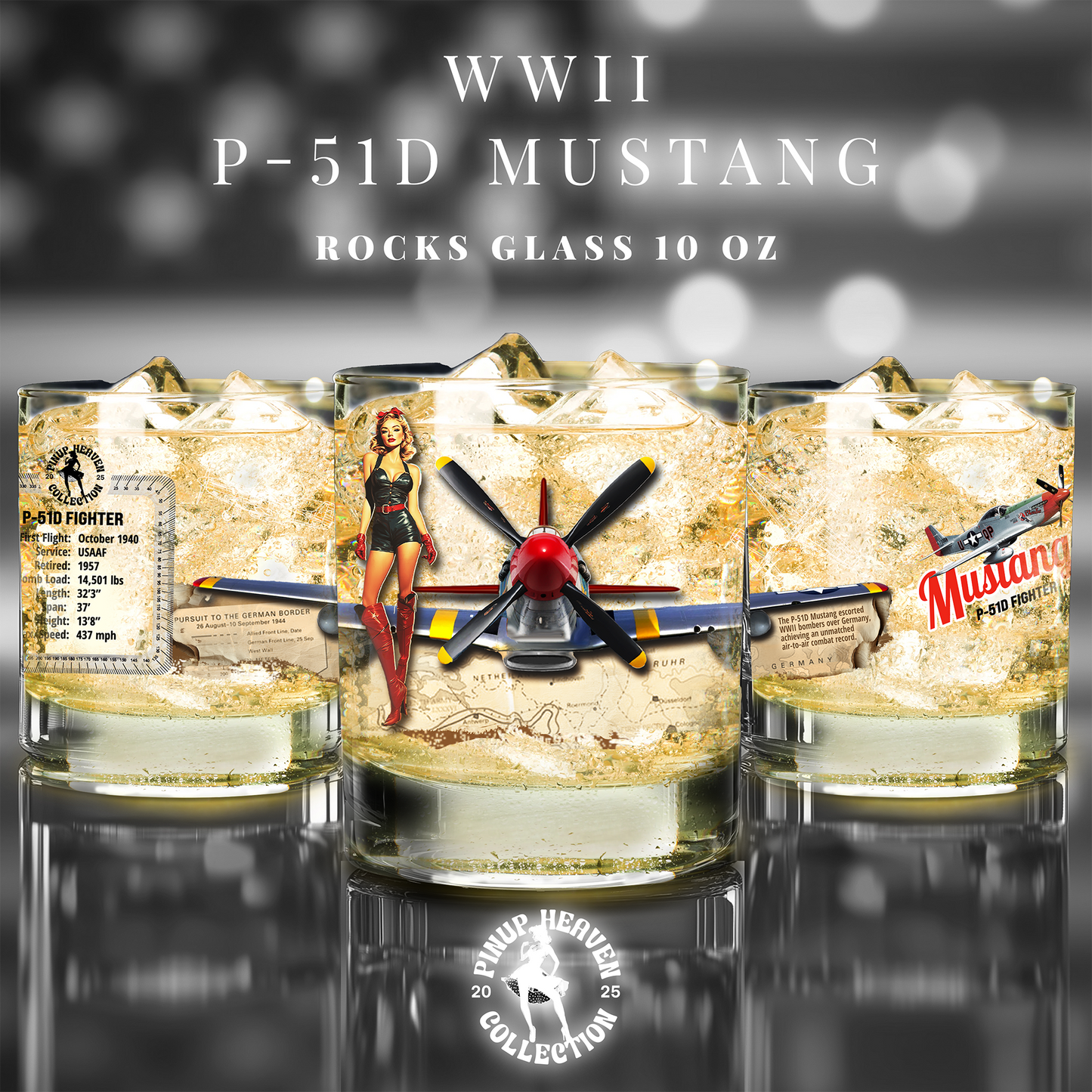 Whiskey Glass Set of 4, Vintage WWII Aviation Gift, Bourbon, Old Fashion, Man Cave, Military Veteran Pilot Retirement Gift for Him 10oz