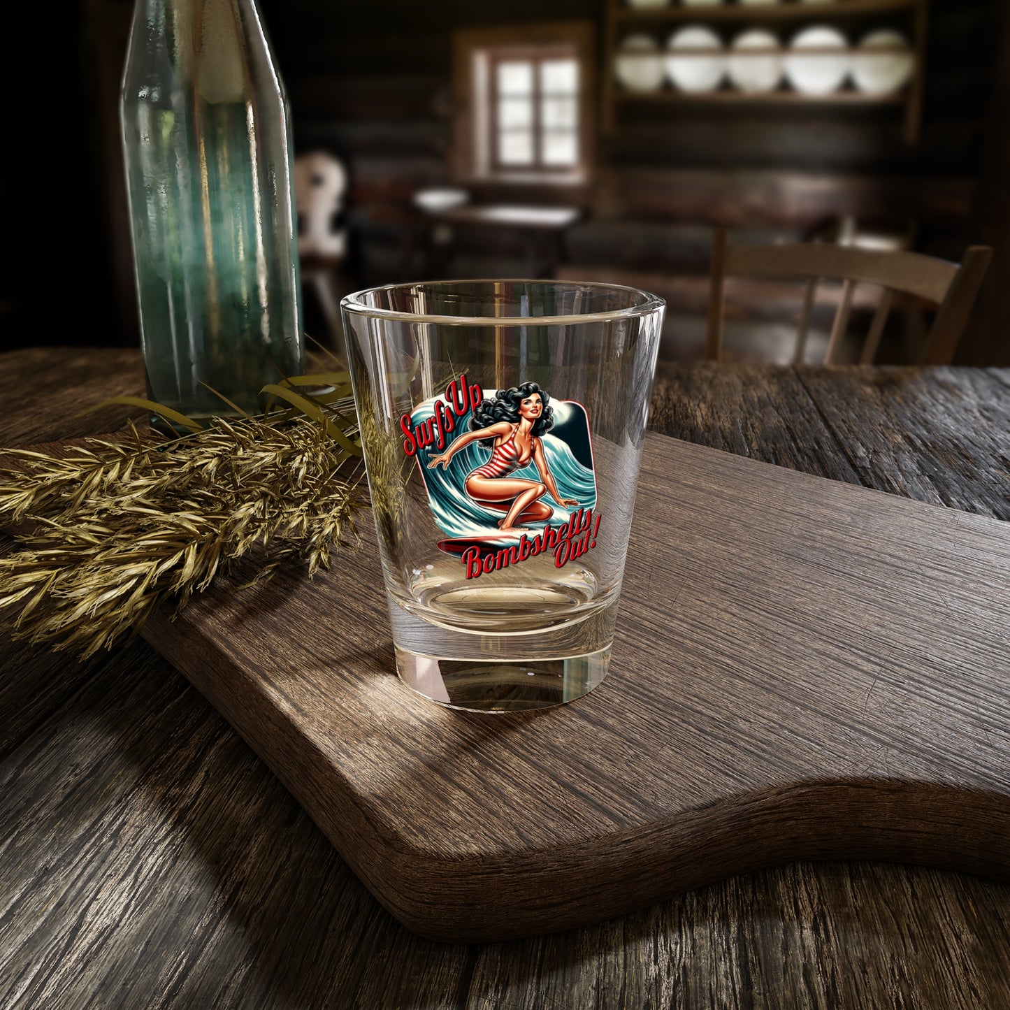 Surfer Shot Glass, Retro Barware, Gift for Surfer Decor, Vintage Surfer PinUp Girl Art, Beach Lovers, Bachelor Party Favors, Fathers Day Gift