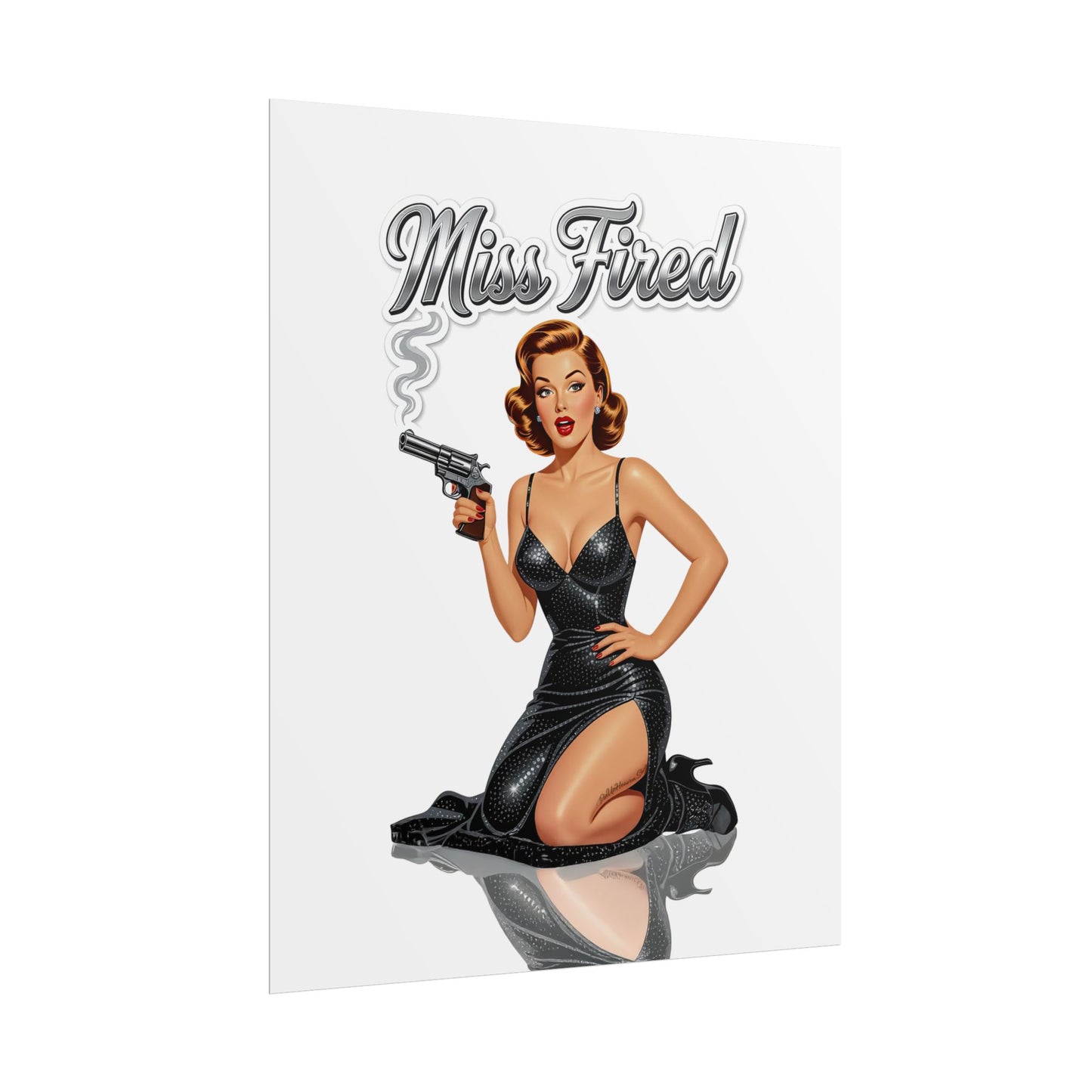 Miss Fired Vintage Pin Up Poster, Retro Glam Gun Pin Up Girl Wall Art, Classic 1950s Style Rolled Print, Pin Up Heaven Collection