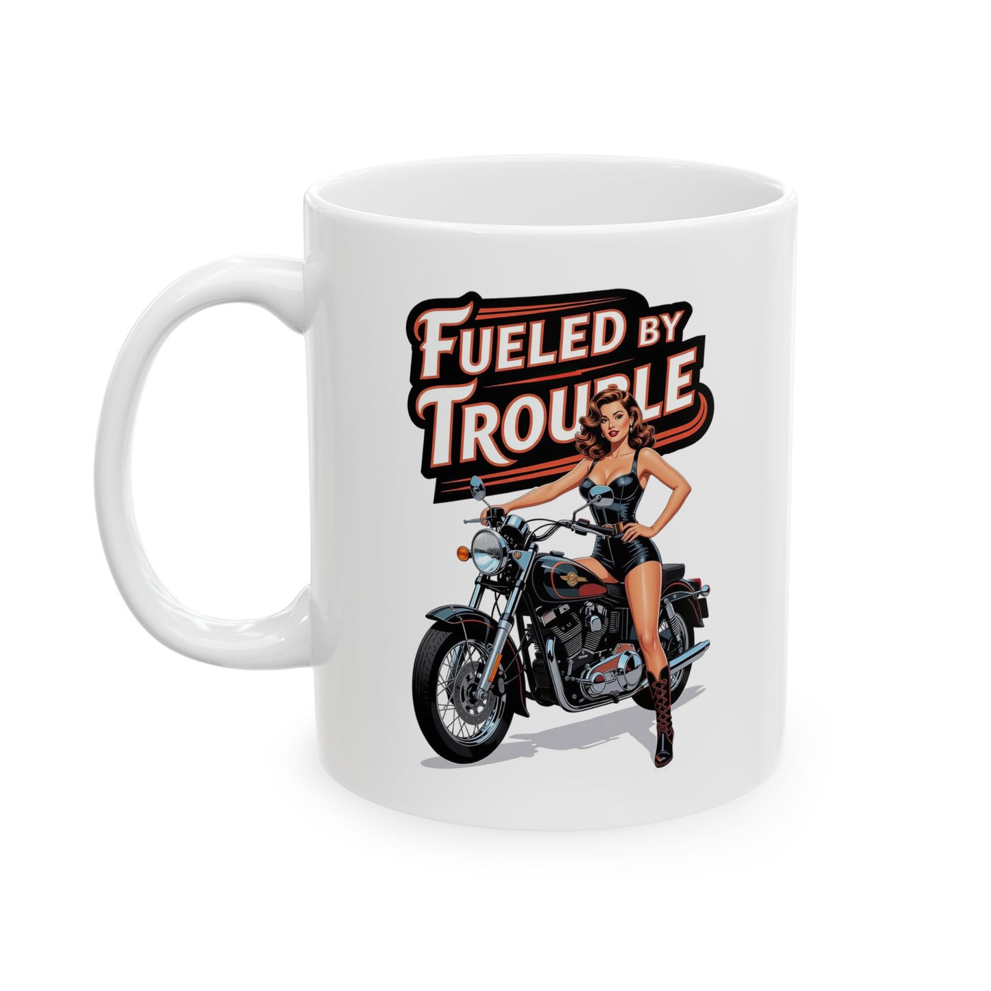 Biker Babe Pinup Ceramic Mug, Fueled By Trouble Motorcycle Gift, Funny Mug, Biker Gift, Motorcycle Lover, Pin-Up Heaven 2026 Limited Edition Collection