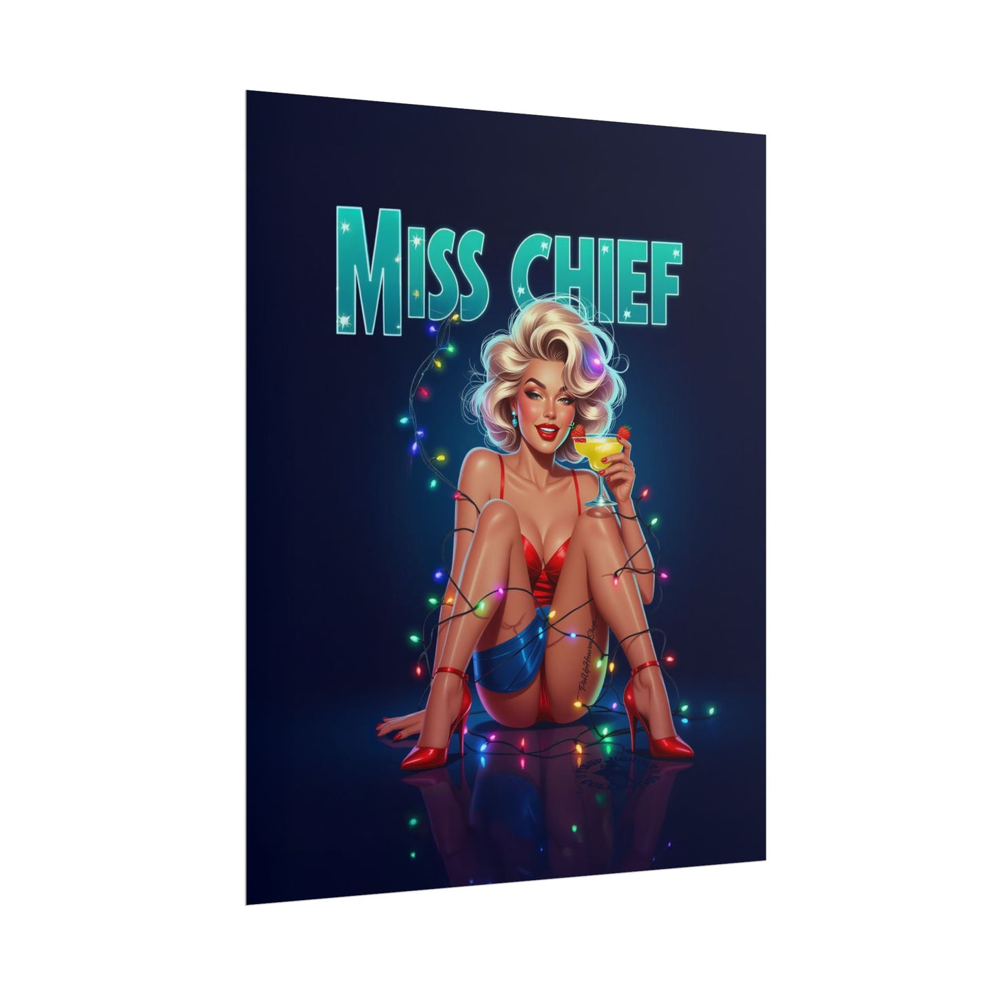 Miss Chief Vintage PinUp Poster, Retro Glam Pin-Up Girl, Holiday Cocktail Mancave Wall Art, Classic 1950s Style Print, Pin Up Heaven