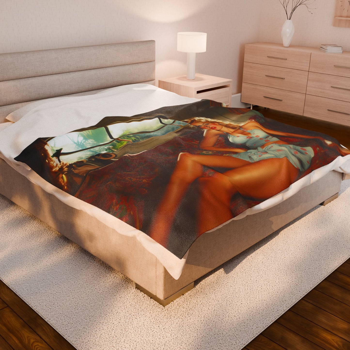 Velveteen Plush Blanket, Sunset Siren Vintage Pin-Up, Retro Glamour Throw, Cozy Soft Warmth, Americana Decor, Surfer Decor, Man Cave Decor
