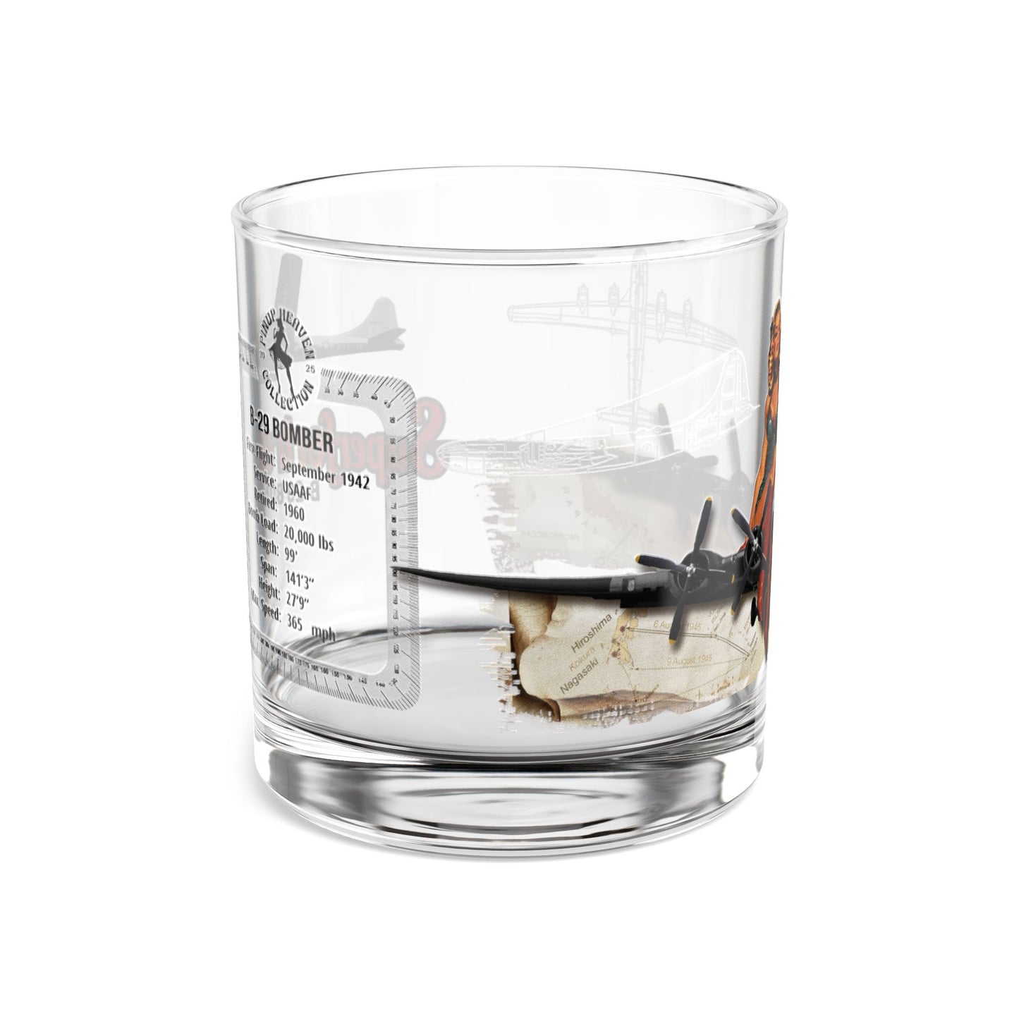 Whiskey Glass, Vintage WWII B-29 Bomber Aviation Gift, Bourbon Old Fashion, Man Cave, Military Veteran Pilot Retirement Gift for Him 10oz