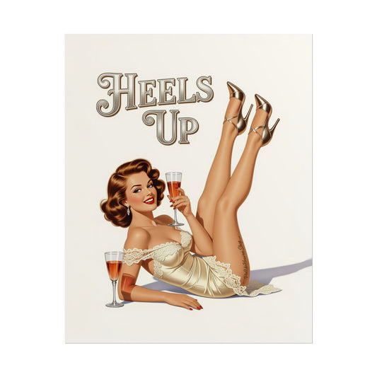 Vintage Pin-Up Poster - Heels Up,  Champagne Pin Up, Classic Style,  Retro Decor, Retro Home Bar Wall Art, PinUp Heaven Collection