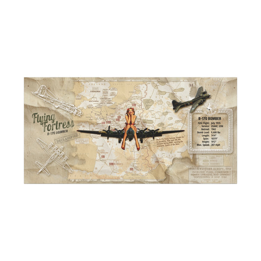 Vintage Aviation Wall Decor, Retro WWII Pin-Up Canvas Art "Flying Fortress: B-17G Bomber" Patriotic Poster, USA Decor, Veteran Pilot Gifts