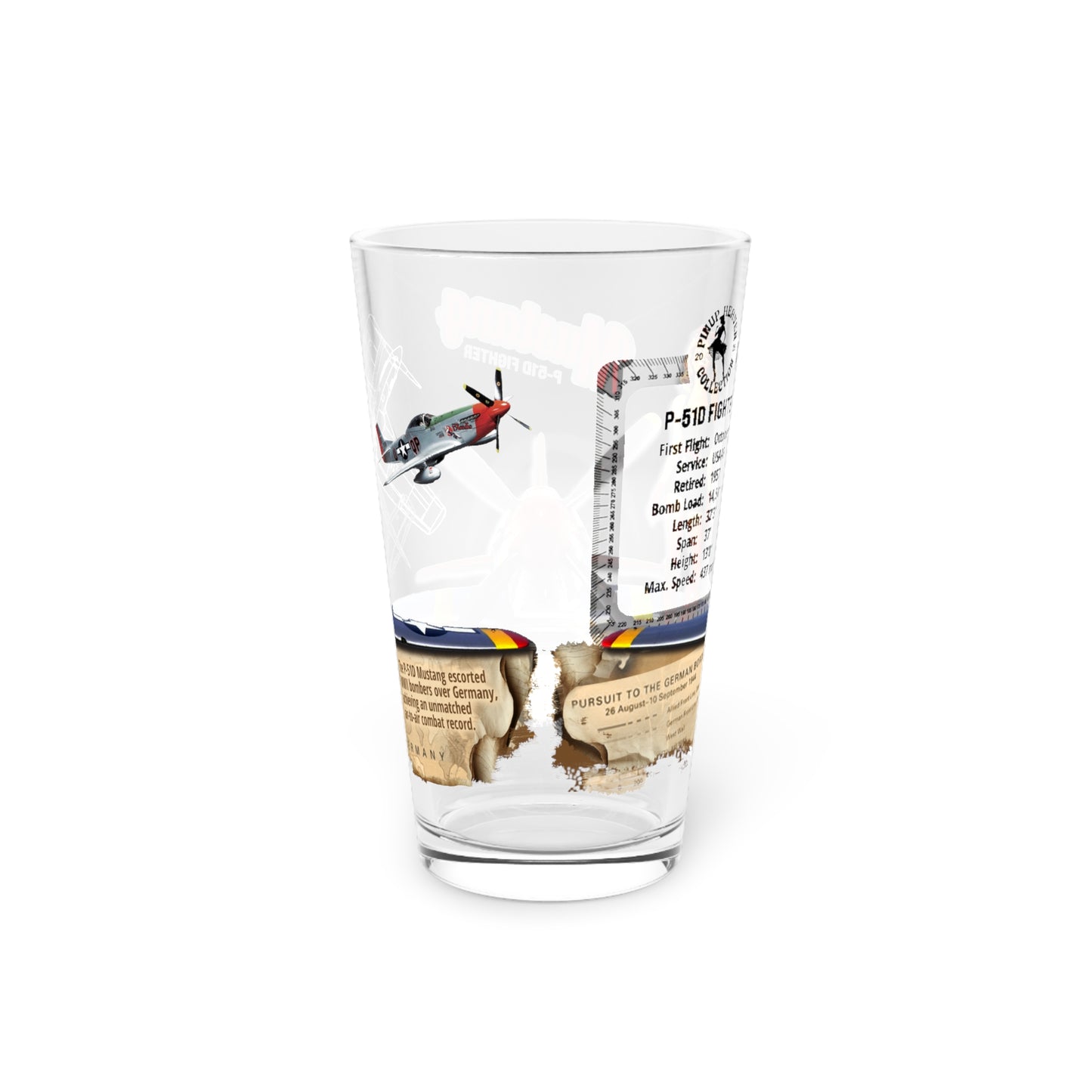 Vintage Military Pint, WWII P-51D Mustang Fighter Plane & PinUp Art Gift for Collectors, Pilot, Fathers Day, Aviation Decor, 16oz Beer Glass