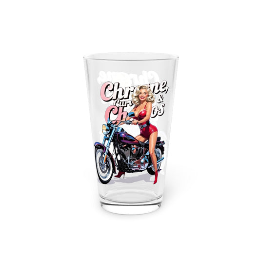 Pinup Pint Glass – Curves, Chrome &amp; Chaos Biker Babe | Motorcycle Lover Gift, Vintage-Style Drinkware, Unique Beer Glass, Cool Barware