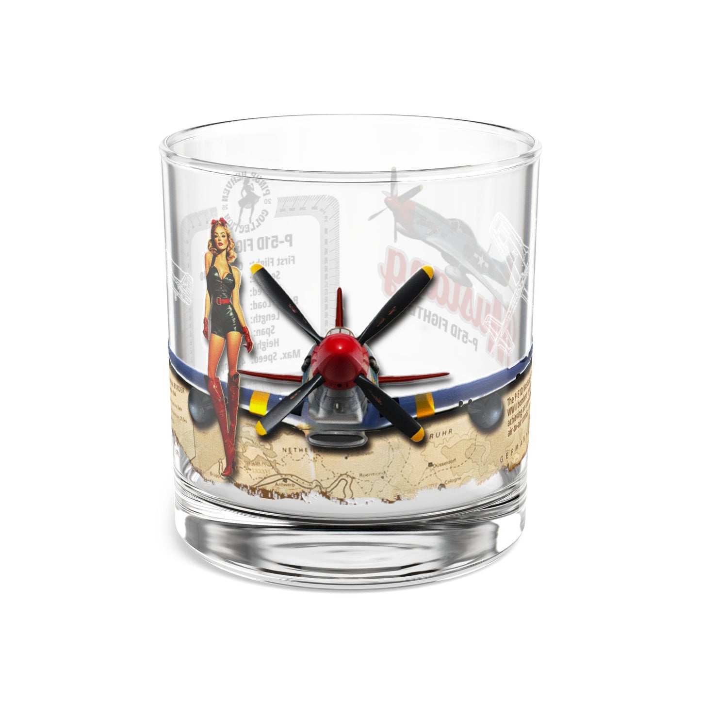 Whiskey Glass, Vintage WWII P-51 Aviation Gift,  Bourbon Scotch Old Fashion, Man Cave, Military Veteran Pilot Retirement Gift for Him 10oz