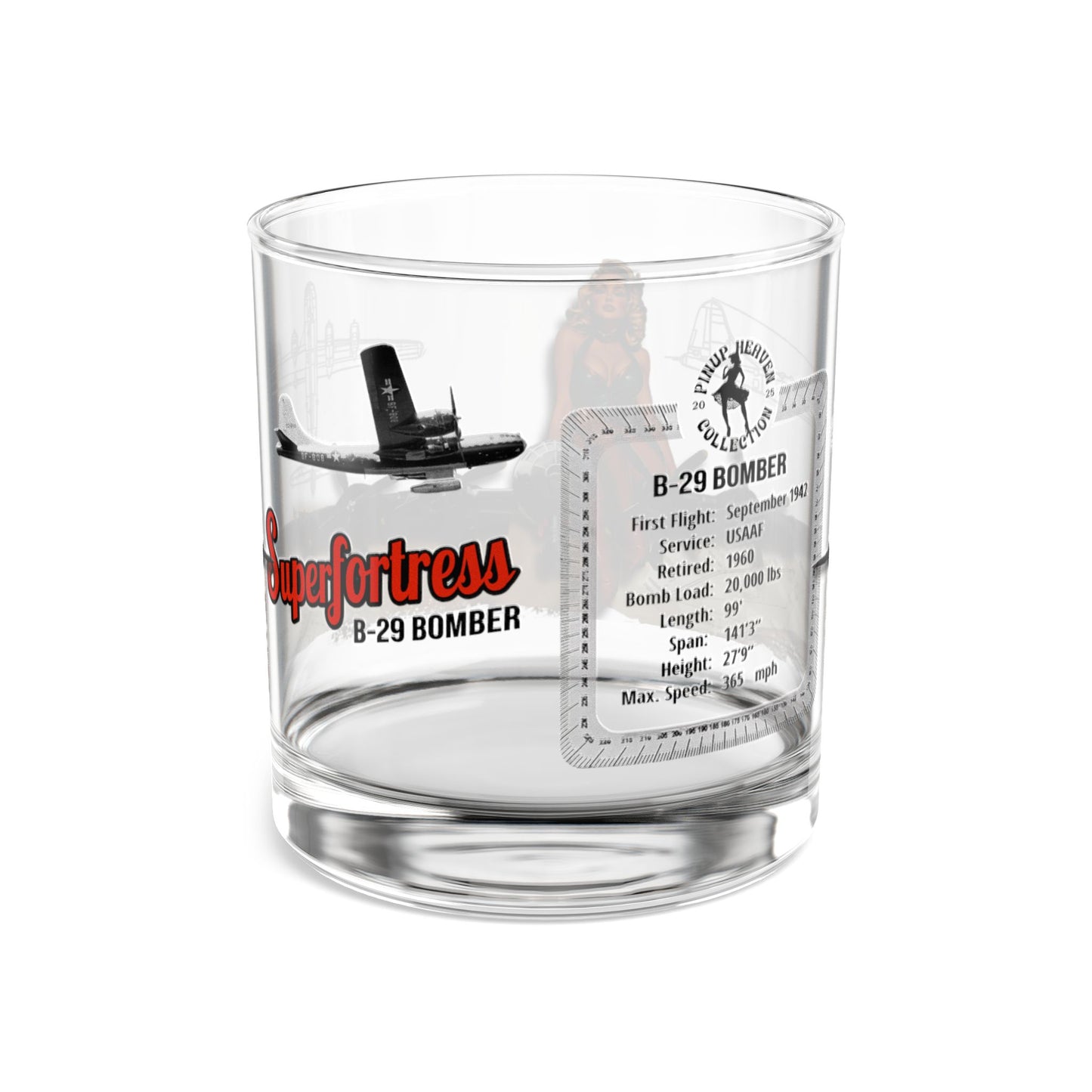 Whiskey Glass, Vintage WWII B-29 Bomber Aviation Gift, Bourbon Old Fashion, Man Cave, Military Veteran Pilot Retirement Gift for Him 10oz