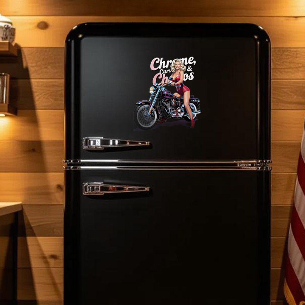 Customizable Biker Babe Sticker, Chrome Curves Chaos Vintage PinUp Decal, Motorcycle Lovers Gift, Bike, Helmet, Cooler, Garage, Laptop, Cup