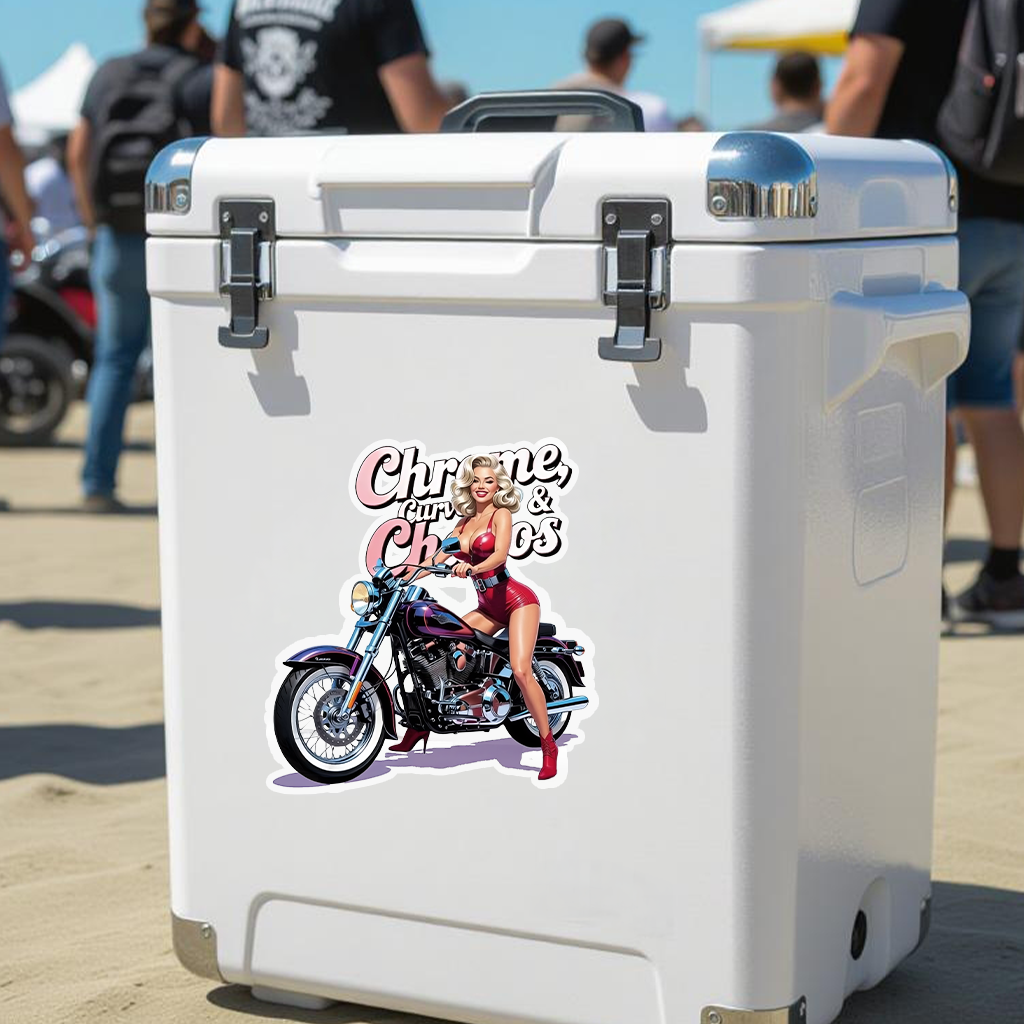 Customizable Biker Babe Sticker, Chrome Curves Chaos Vintage PinUp Decal, Motorcycle Lovers Gift, Bike, Helmet, Cooler, Garage, Laptop, Cup