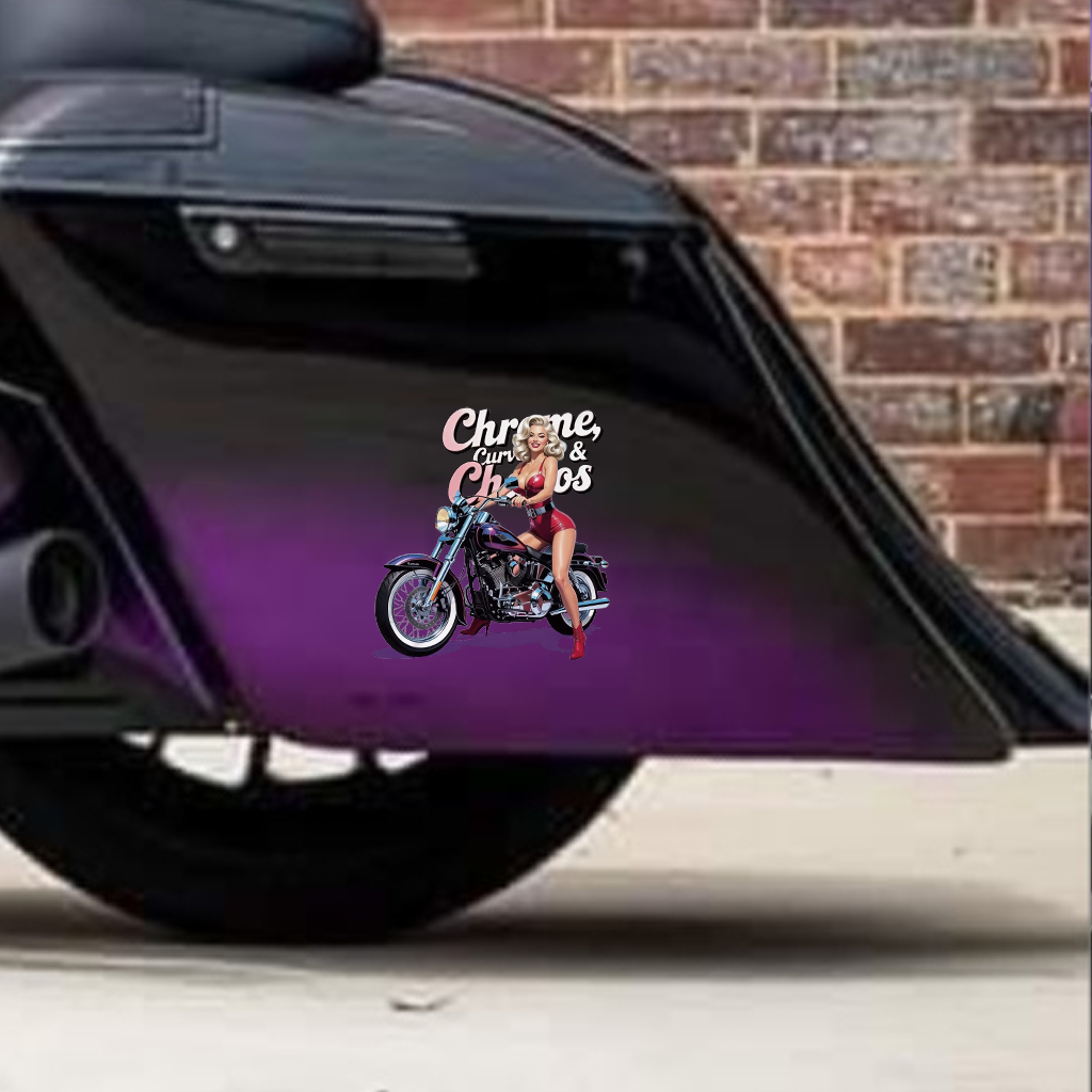 Customizable Biker Babe Sticker, Chrome Curves Chaos Vintage PinUp Decal, Motorcycle Lovers Gift, Bike, Helmet, Cooler, Garage, Laptop, Cup