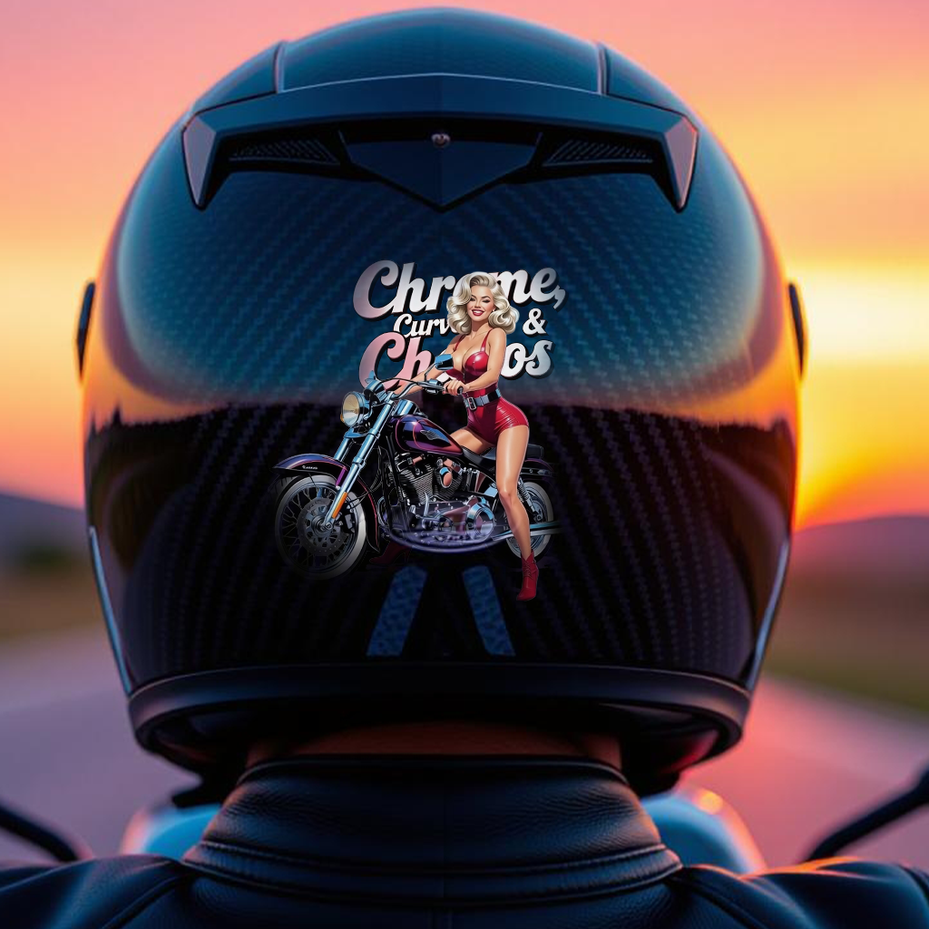 Customizable Biker Babe Sticker, Chrome Curves Chaos Vintage PinUp Decal, Motorcycle Lovers Gift, Bike, Helmet, Cooler, Garage, Laptop, Cup
