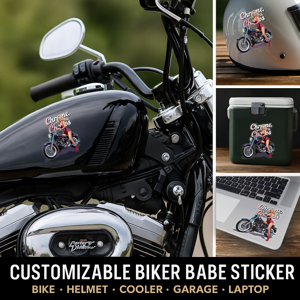 Customizable Biker Babe Sticker, Chrome Curves Chaos Vintage PinUp Decal, Motorcycle Lovers Gift, Bike, Helmet, Cooler, Garage, Laptop, Cup