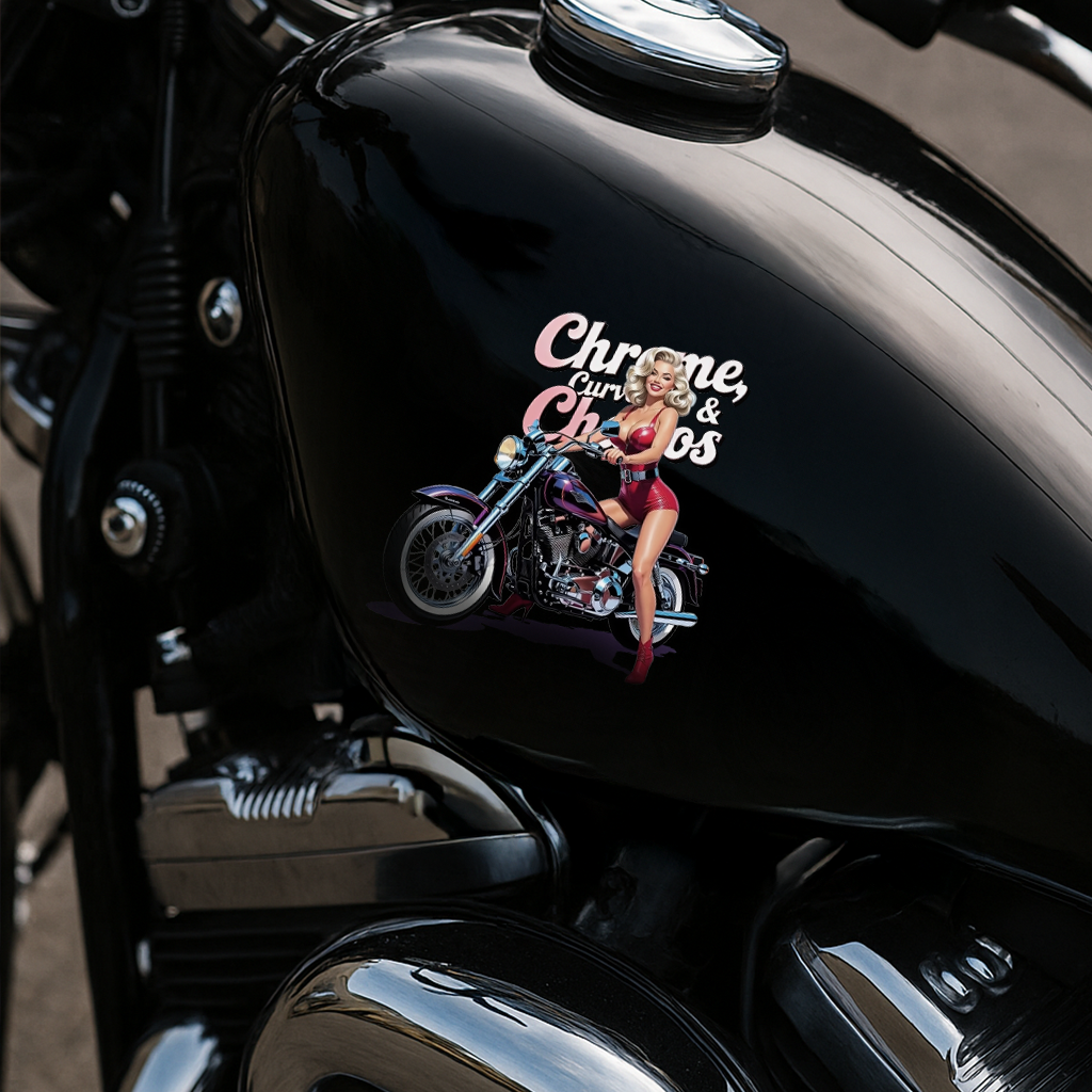 Customizable Biker Babe Sticker, Chrome Curves Chaos Vintage PinUp Decal, Motorcycle Lovers Gift, Bike, Helmet, Cooler, Garage, Laptop, Cup