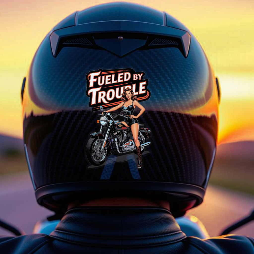 Biker Babe Pin-Up Sticker, Fueled By Trouble, Gift for Rebel Rule-Breakers, Glossy Vinyl Decal Pinup Motorcycle Helmet Laptop Sticker