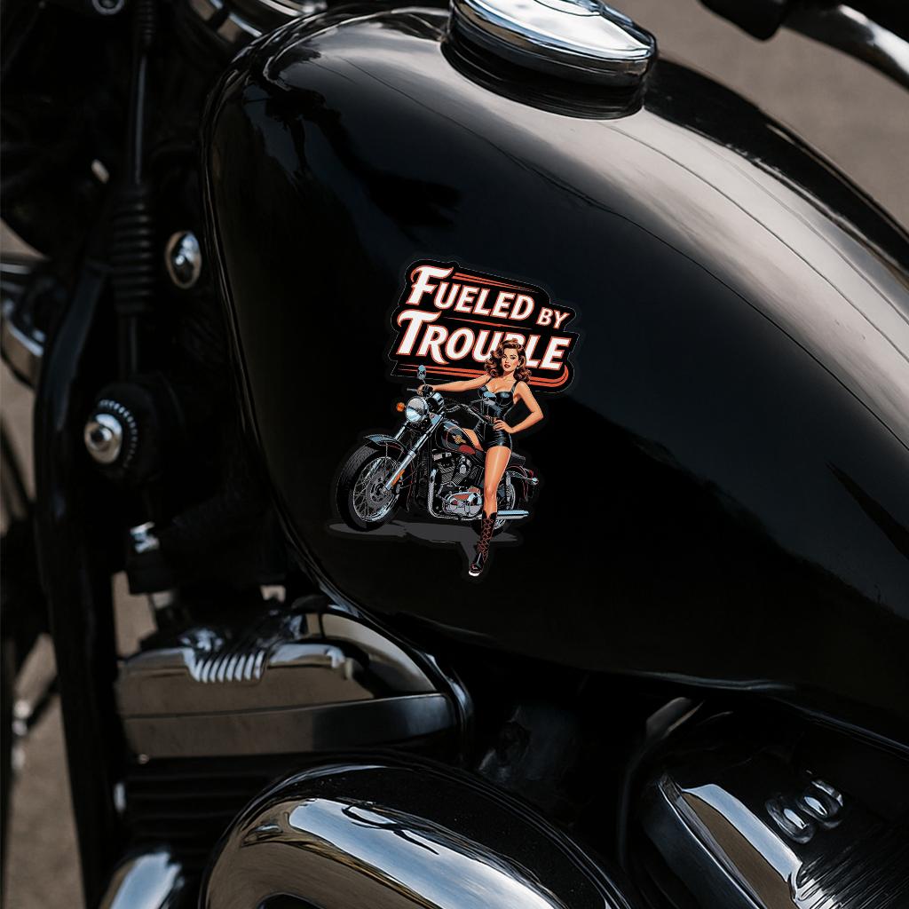 Biker Babe Pin-Up Sticker, Fueled By Trouble, Gift for Rebel Rule-Breakers, Glossy Vinyl Decal Pinup Motorcycle Helmet Laptop Sticker