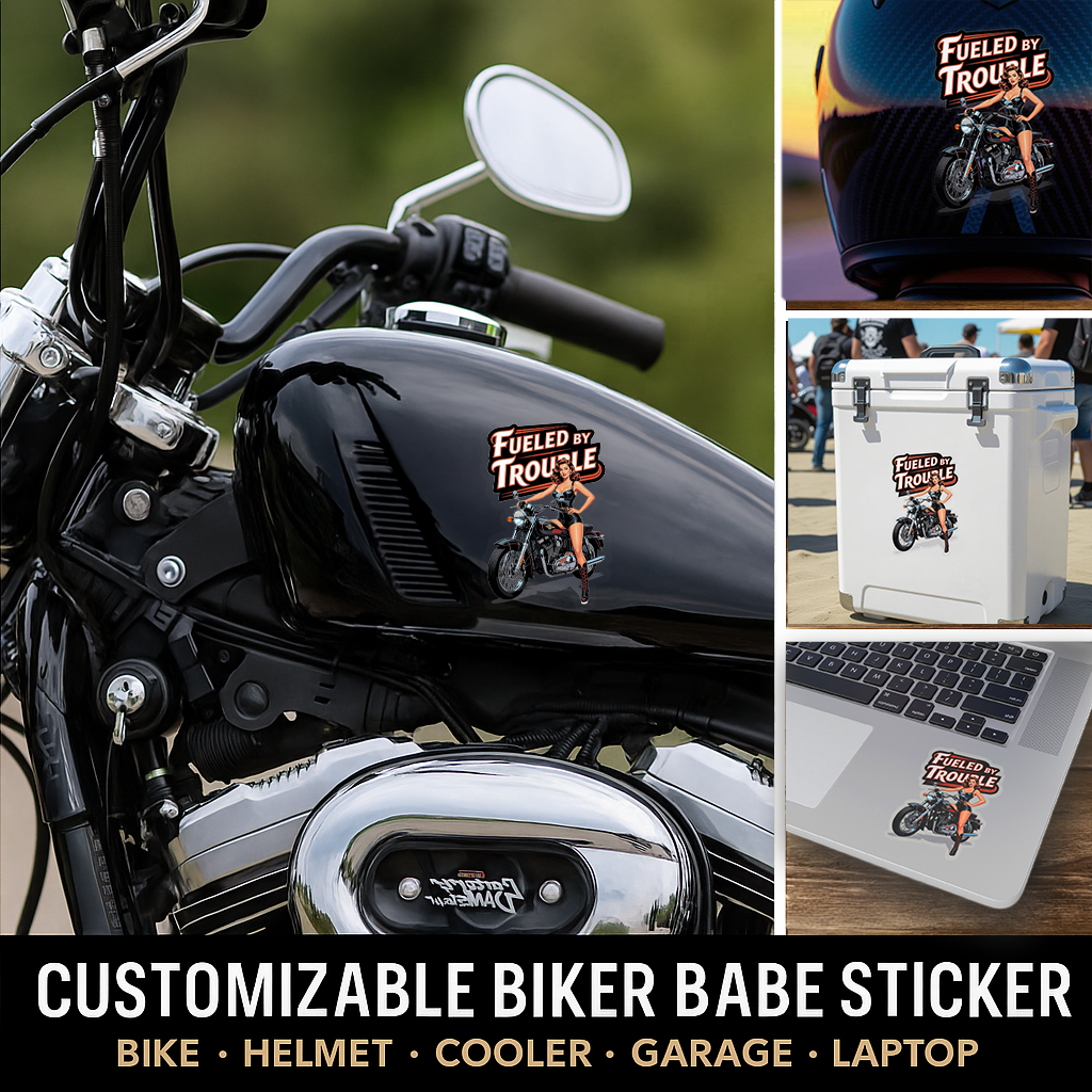 Biker Babe Pin-Up Sticker, Fueled By Trouble, Gift for Rebel Rule-Breakers, Glossy Vinyl Decal Pinup Motorcycle Helmet Laptop Sticker