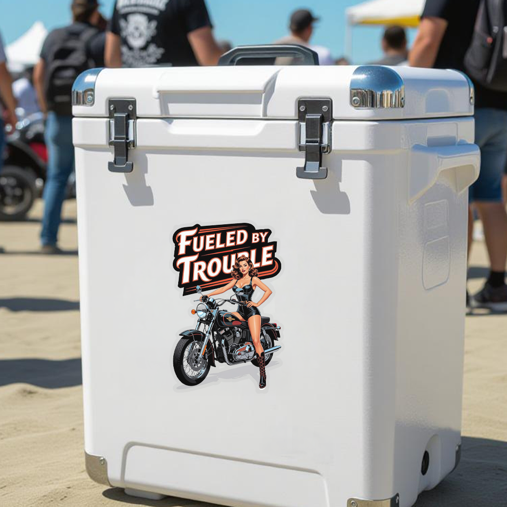 Biker Babe Pin-Up Sticker, Fueled By Trouble, Gift for Rebel Rule-Breakers, Glossy Vinyl Decal Pinup Motorcycle Helmet Laptop Sticker