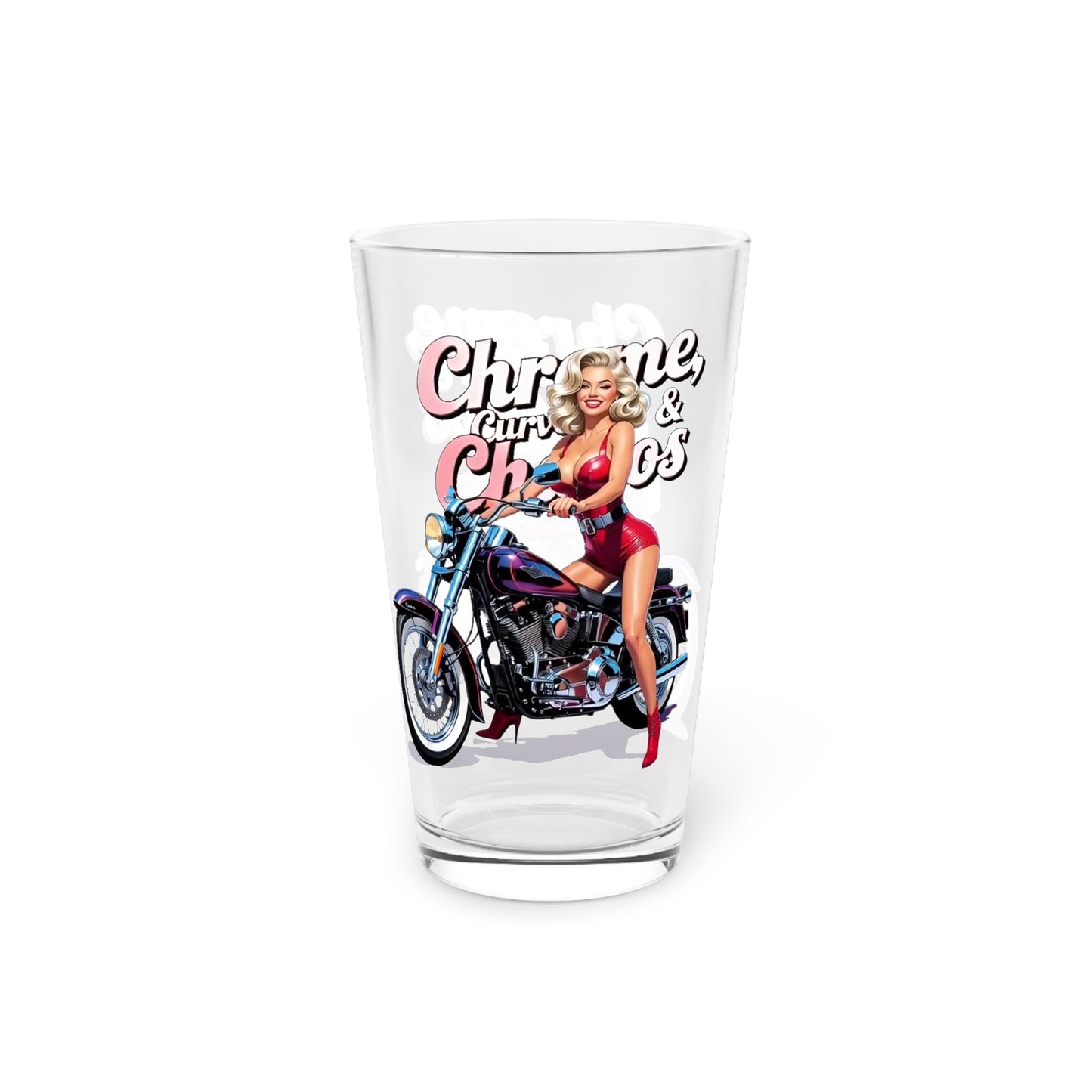 Pinup Pint Glass – Curves, Chrome &amp; Chaos Biker Babe | Motorcycle Lover Gift, Vintage-Style Drinkware, Unique Beer Glass, Cool Barware