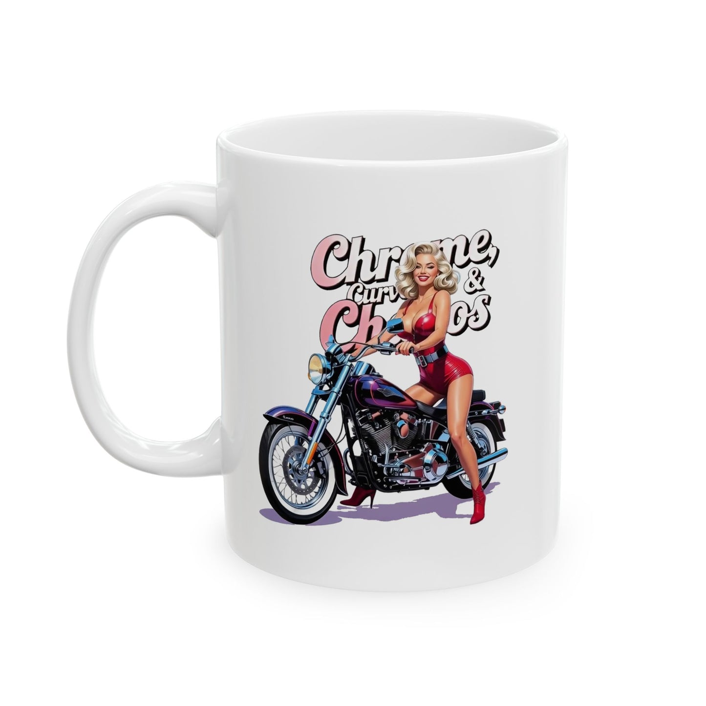 Chrome Curves & Chaos Biker Babe Ceramic Mug – Unique Coffee Cup for Motorcycle Lovers, Perfect Gift for Birthdays, Christmas, or Bike Rallies