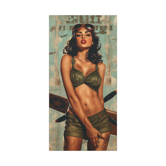 Vintage PinUp Art Canvas Wall Art "Battlefield Beauty" Patriotic WWII Aviation Wall Art, Retro Military Decor, Man Cave Decor USA Home Decor