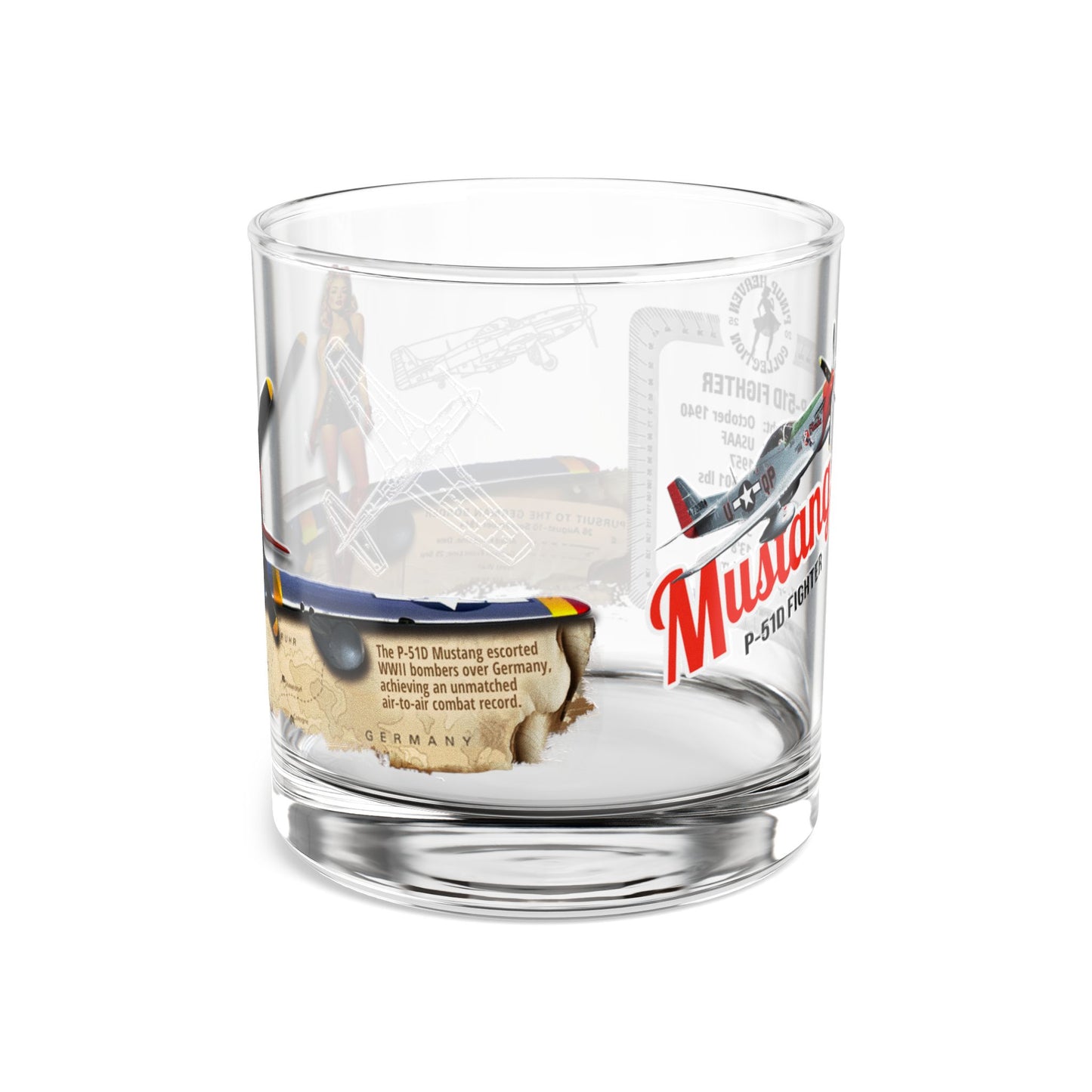 Whiskey Glass, Vintage WWII P-51 Aviation Gift,  Bourbon Scotch Old Fashion, Man Cave, Military Veteran Pilot Retirement Gift for Him 10oz