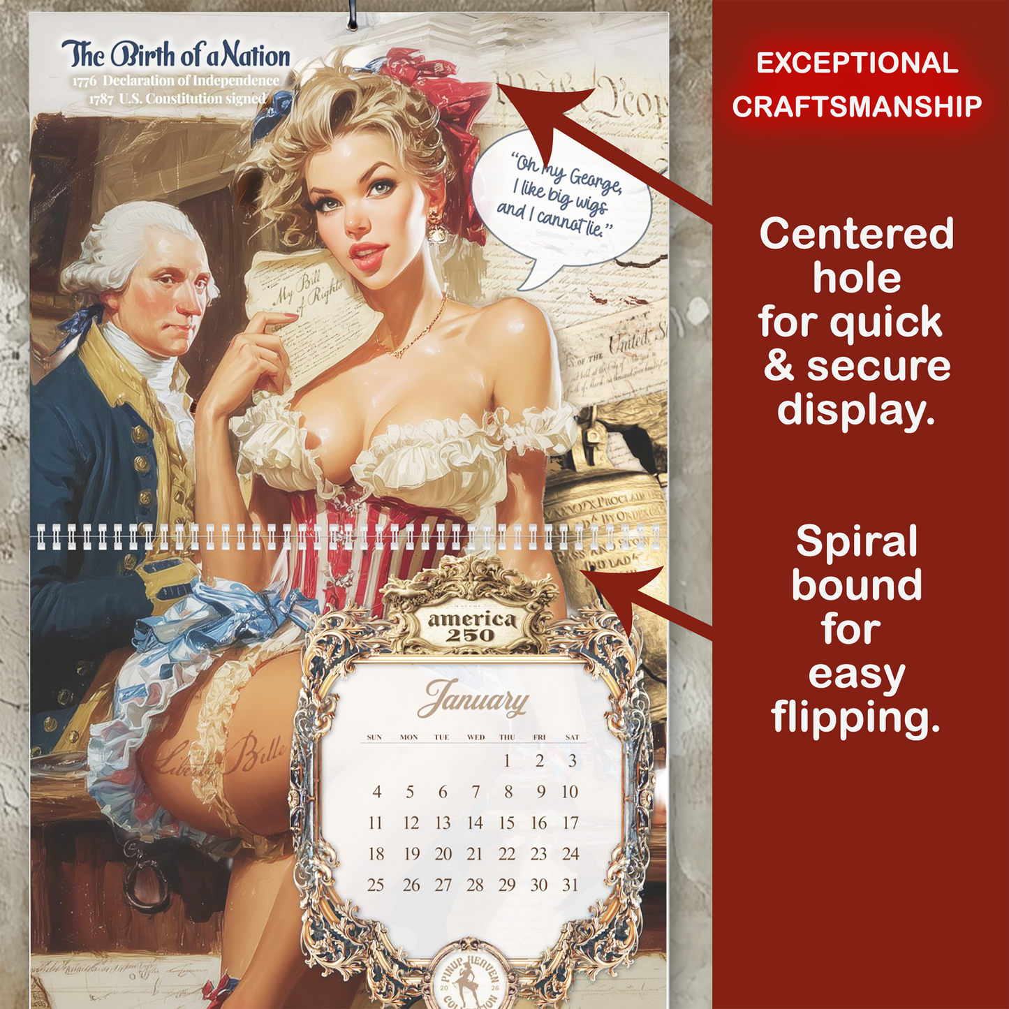 2026 PinUp Wall Calendar, America 250 Yrs of Sass and Satire, Premium XL Art