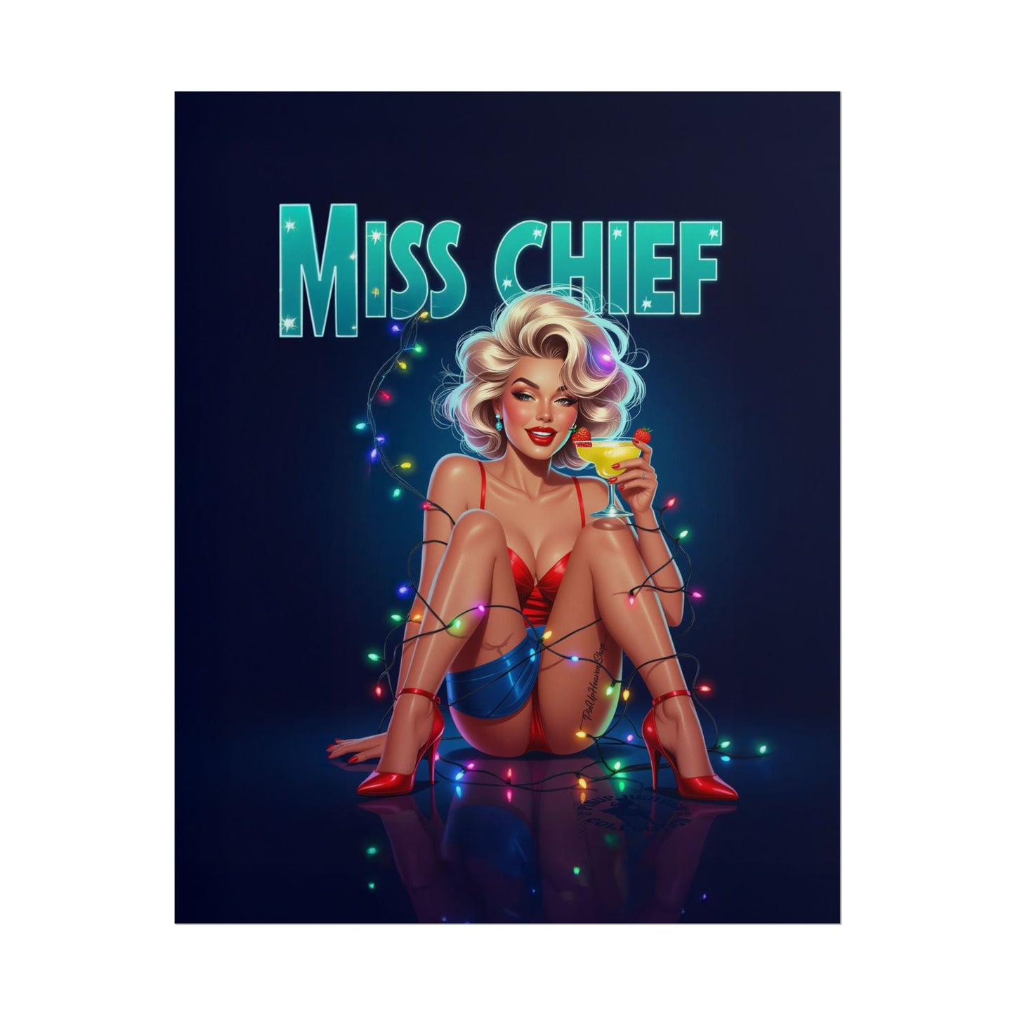 Miss Chief Vintage PinUp Poster, Retro Glam Pin-Up Girl, Holiday Cocktail Mancave Wall Art, Classic 1950s Style Print, Pin Up Heaven