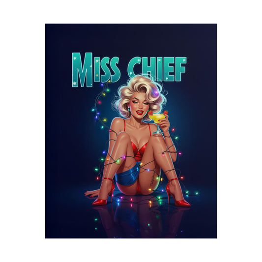Miss Chief Vintage PinUp Poster, Retro Glam Pin-Up Girl, Holiday Cocktail Mancave Wall Art, Classic 1950s Style Print, Pin Up Heaven